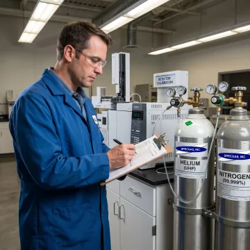 Technician inspecting specialty gas cylinders