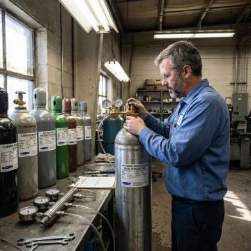 Technician preparing custom nitrogen argon gas cylinders