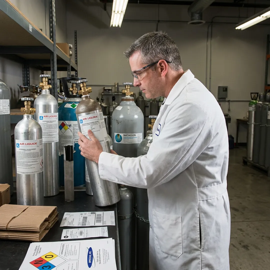 Technician inspecting specialty gas cylinders and shipping papers