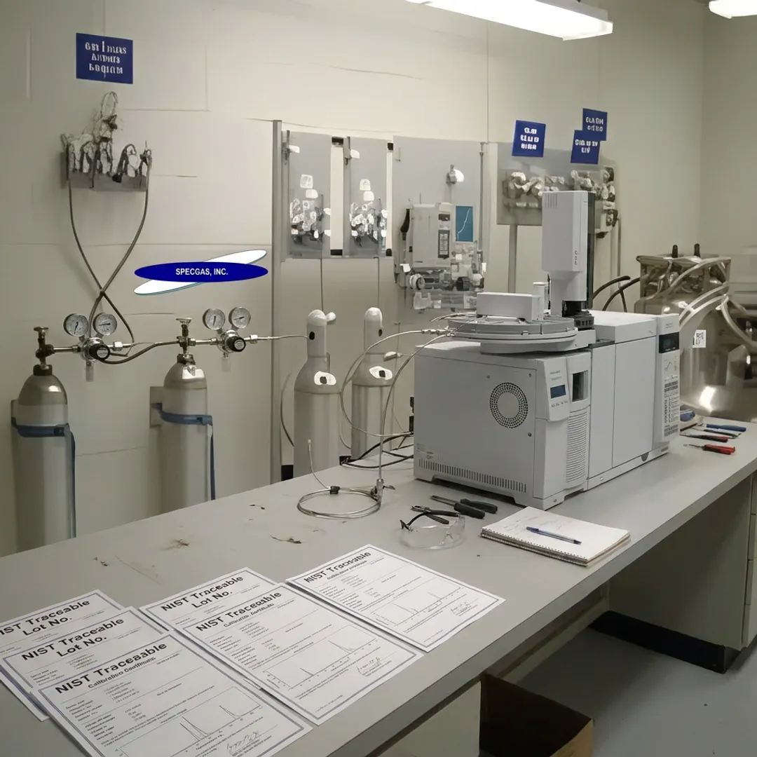Certified calibration gas cylinders in a laboratory