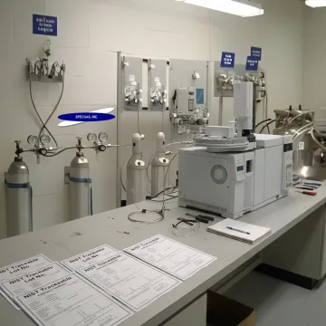 Certified calibration gas cylinders in a laboratory