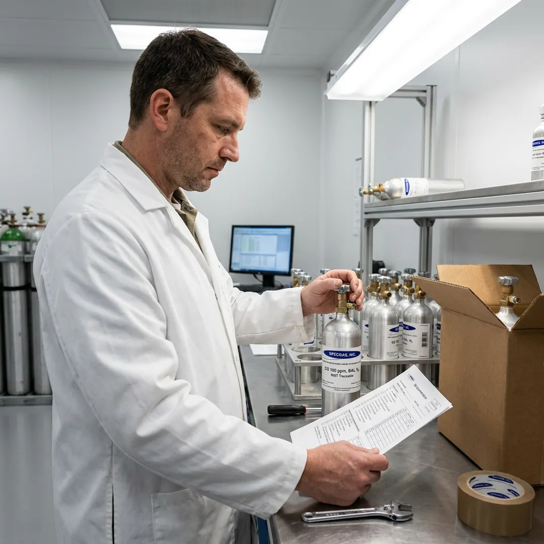 Technician preparing certified calibration gas cylinders