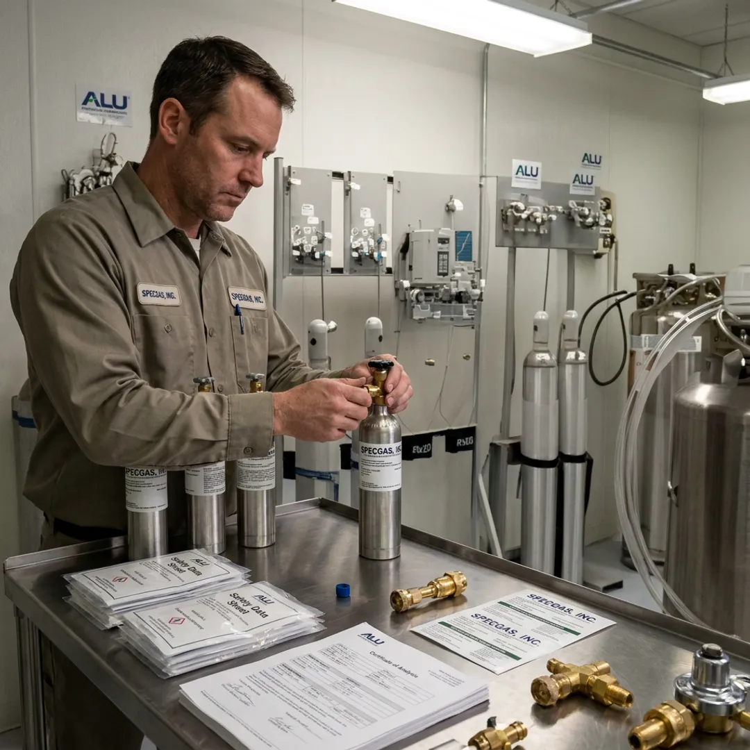 Technician preparing documented specialty gas order