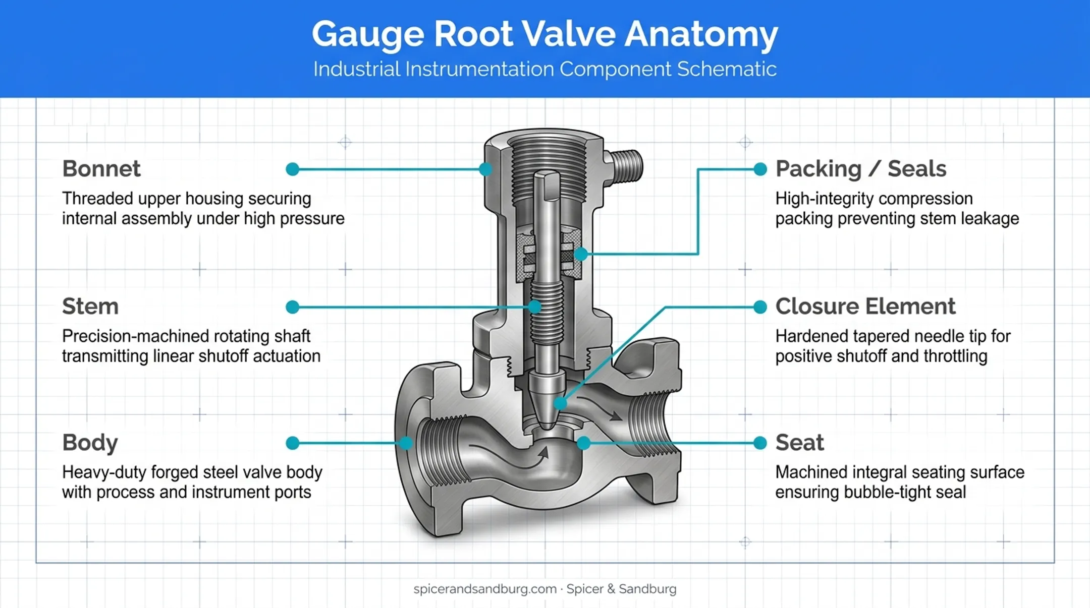 Gauge root valve anatomy diagram showing body stem seat and bonnet