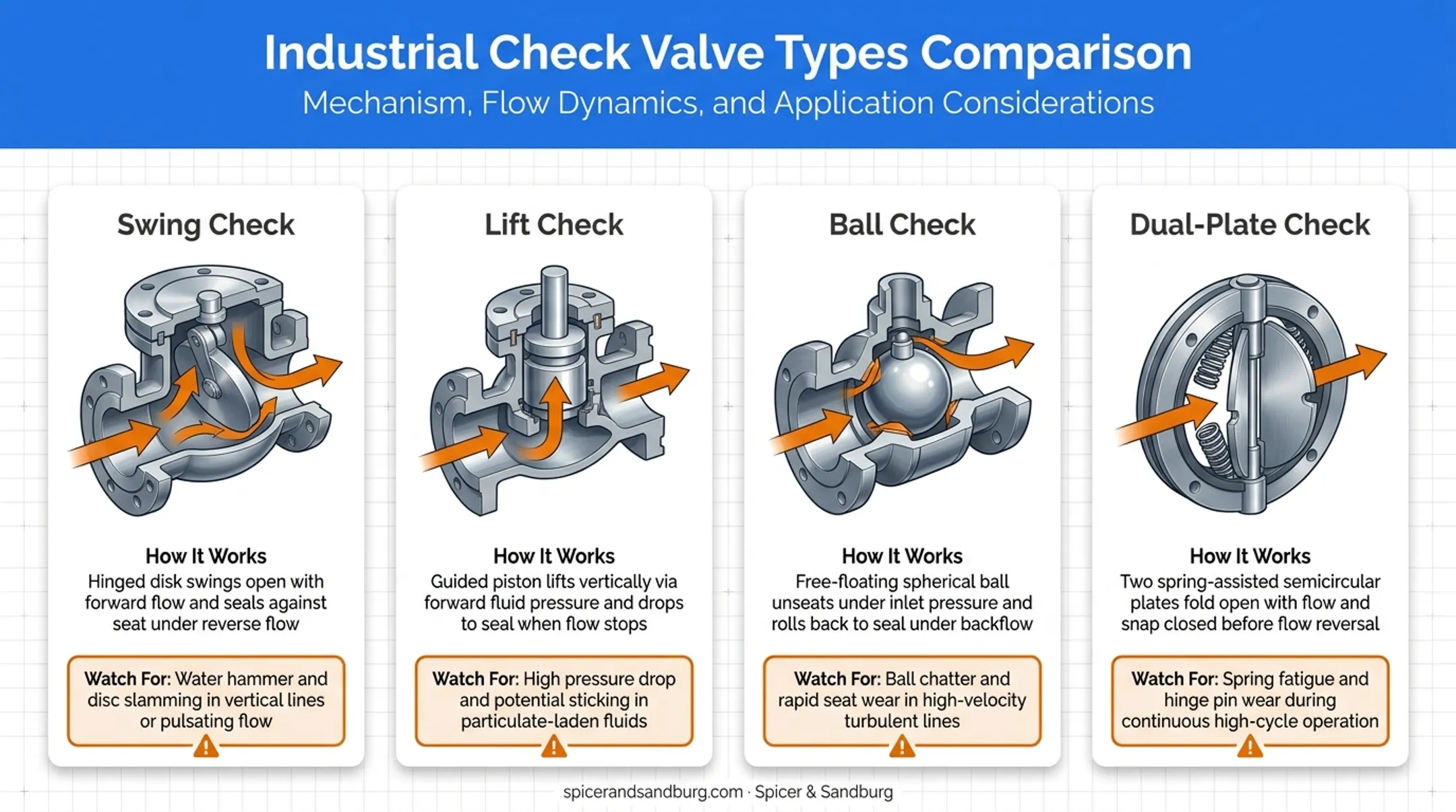 Four check valve designs comparing swing lift ball dual-plate mechanisms