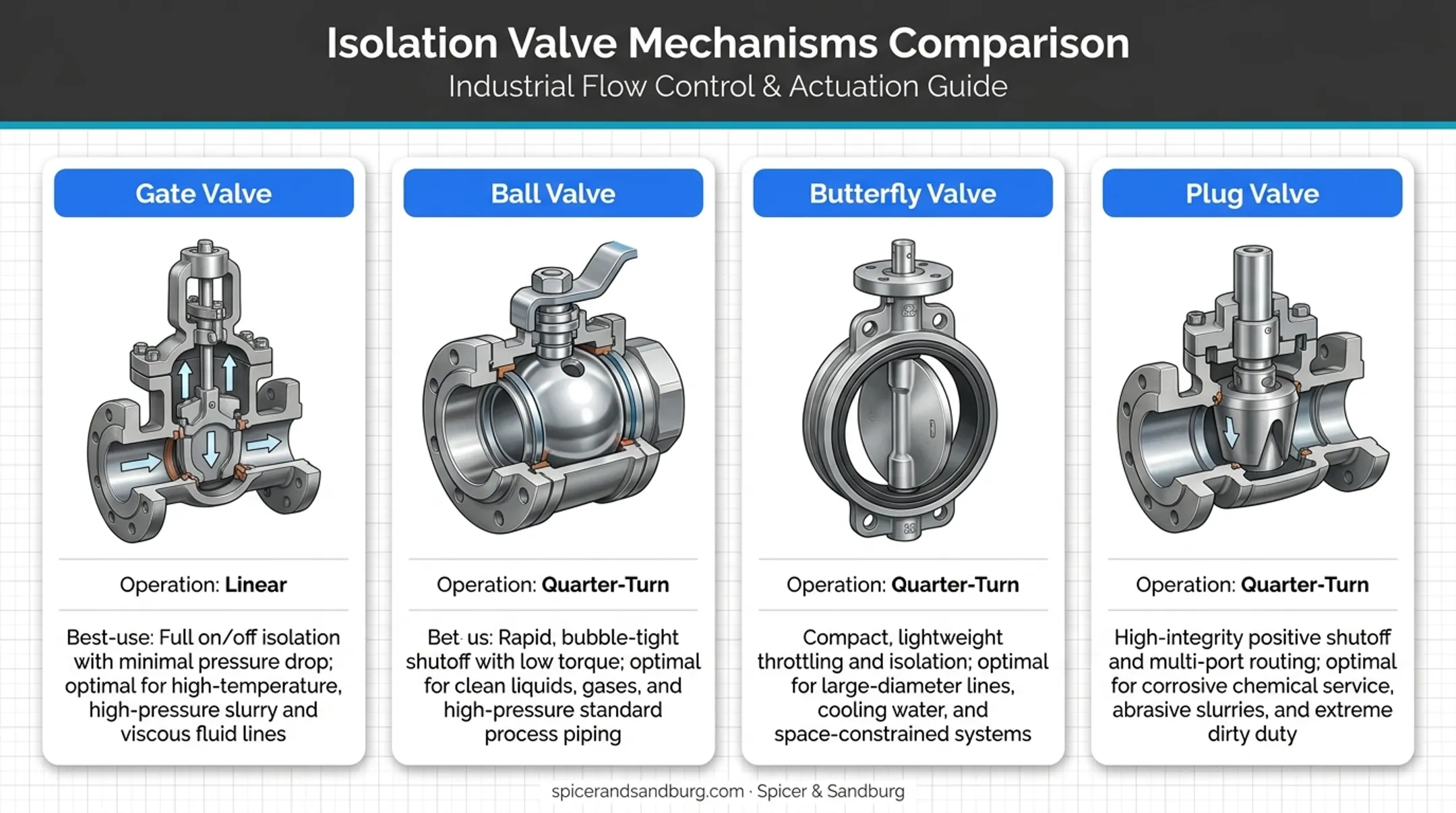 Four isolation valve types comparing gate ball butterfly plug designs