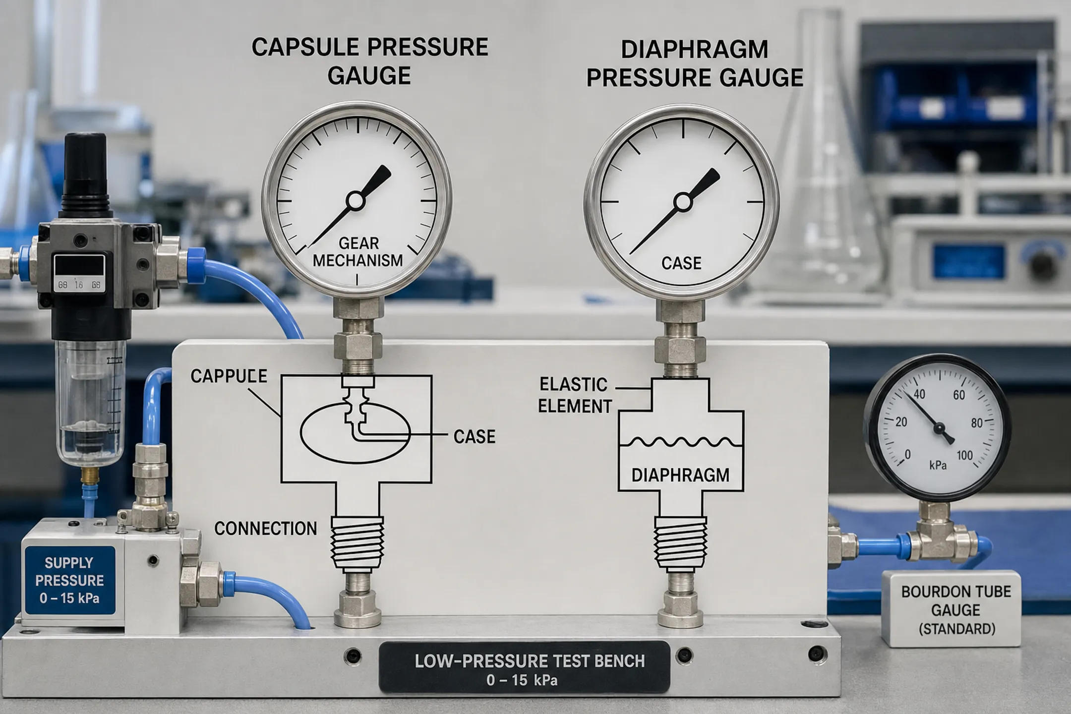 Bellows and capsule pressure gauges used in low-pressure laboratory testing