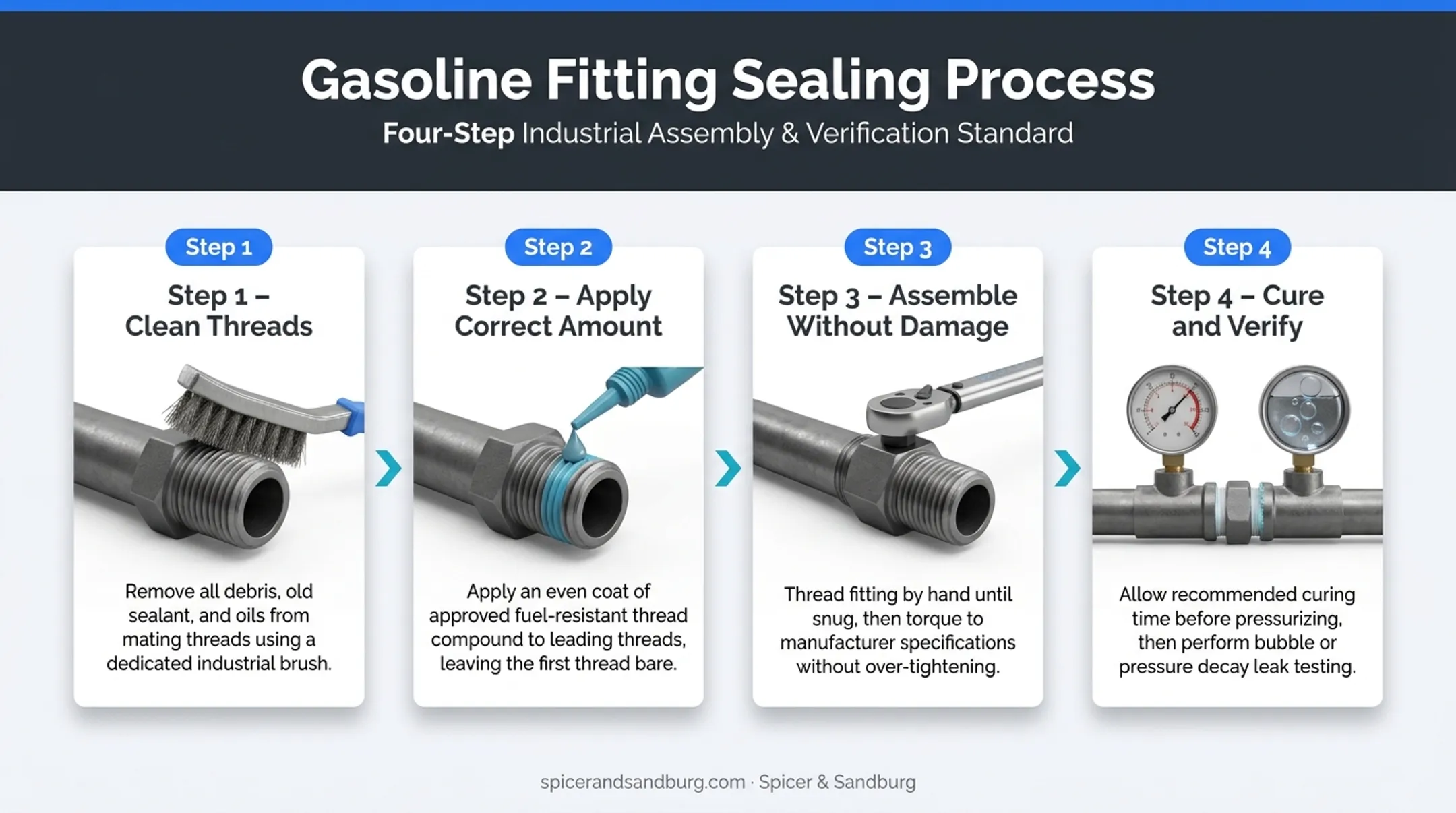 4-step process for applying thread sealant to gasoline fuel fittings