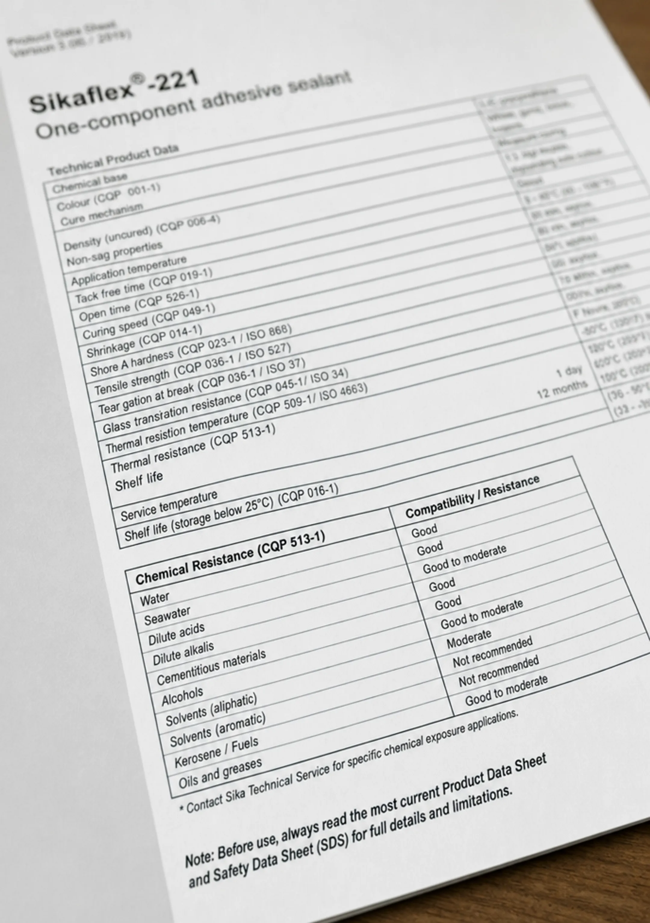 Technical data sheet document showing chemical resistance specifications for sealant