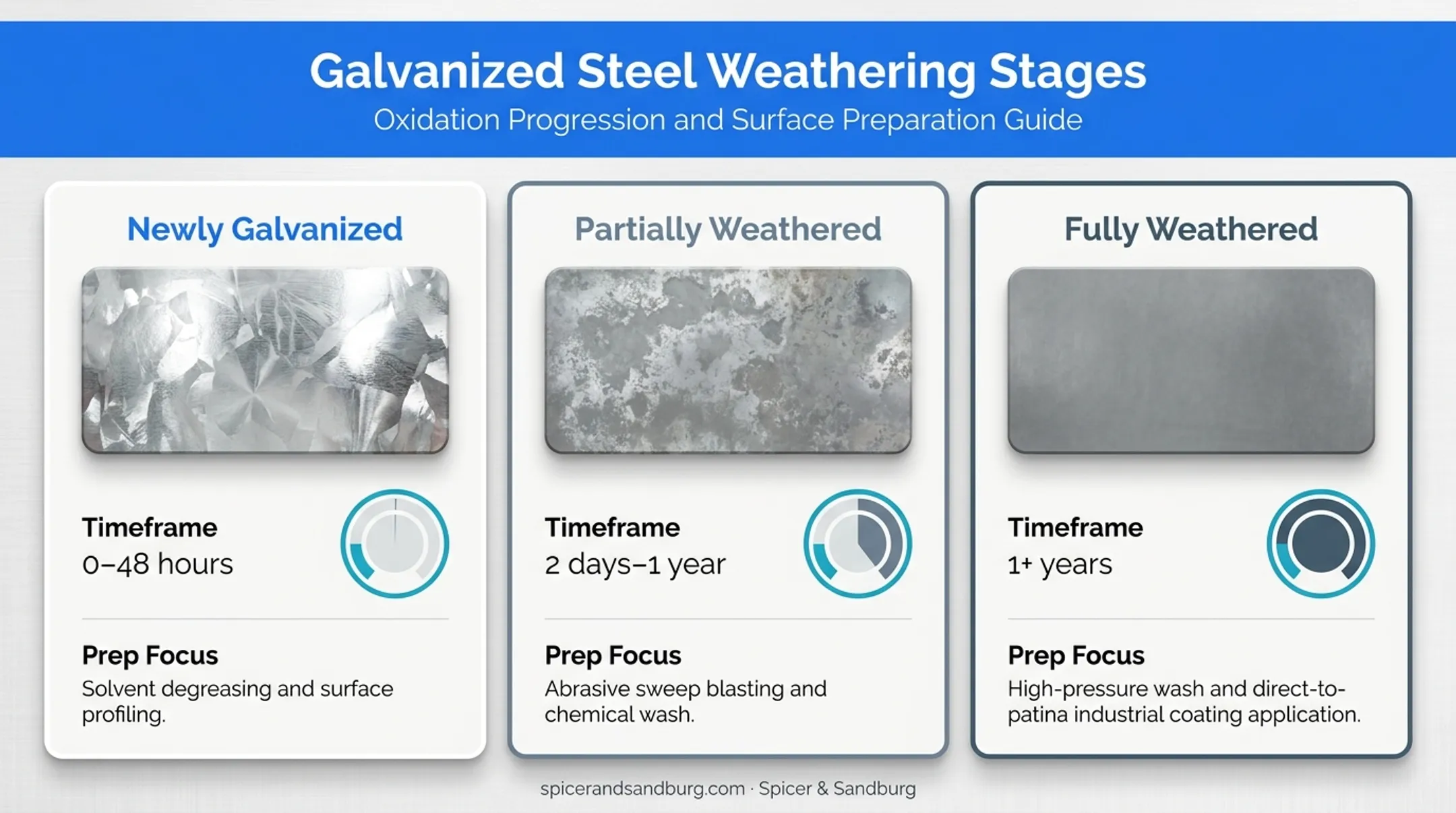 Three galvanized steel weathering stages and their prep requirements chart