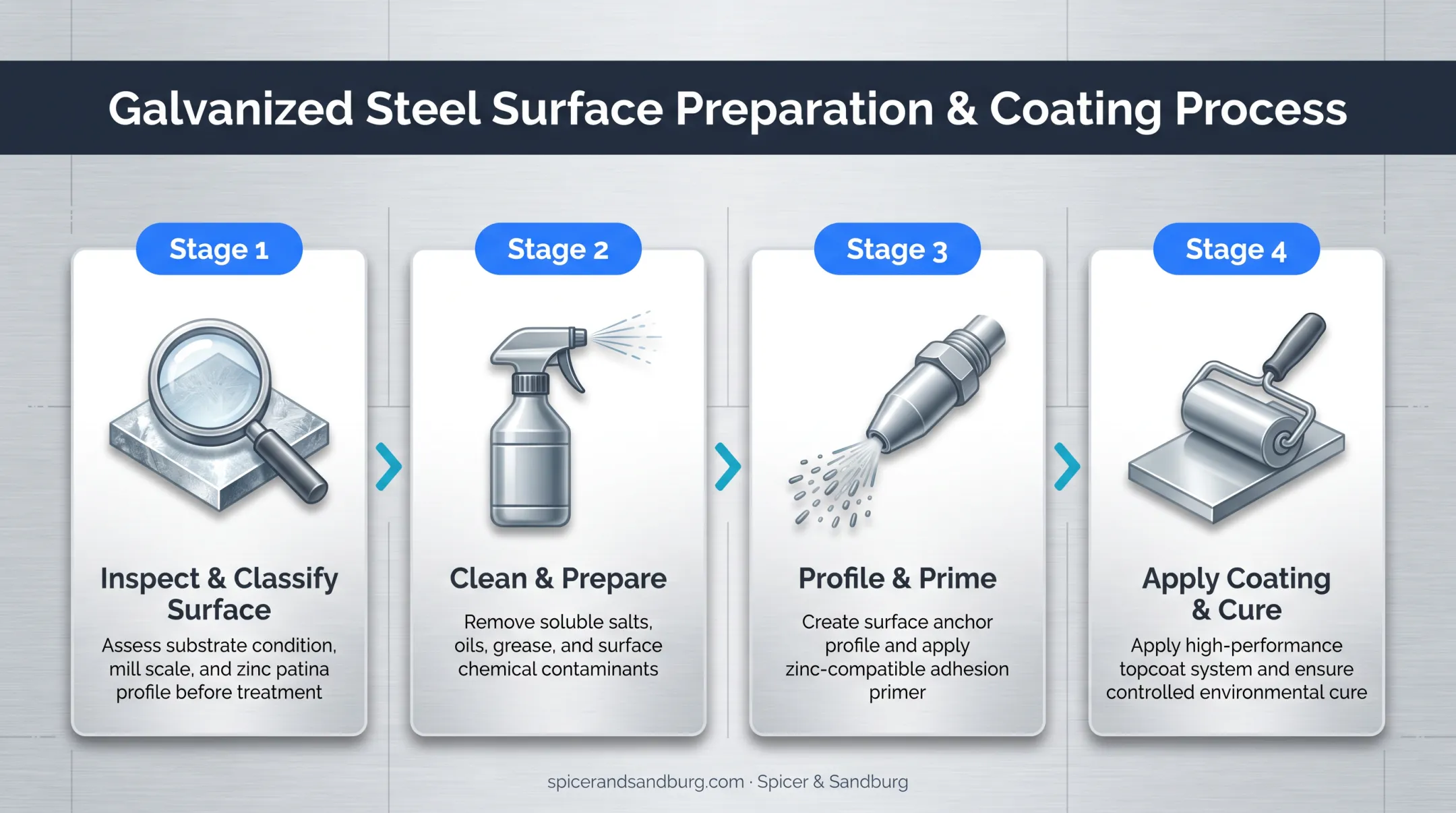 4-step process flow for painting galvanized steel from inspection to coating