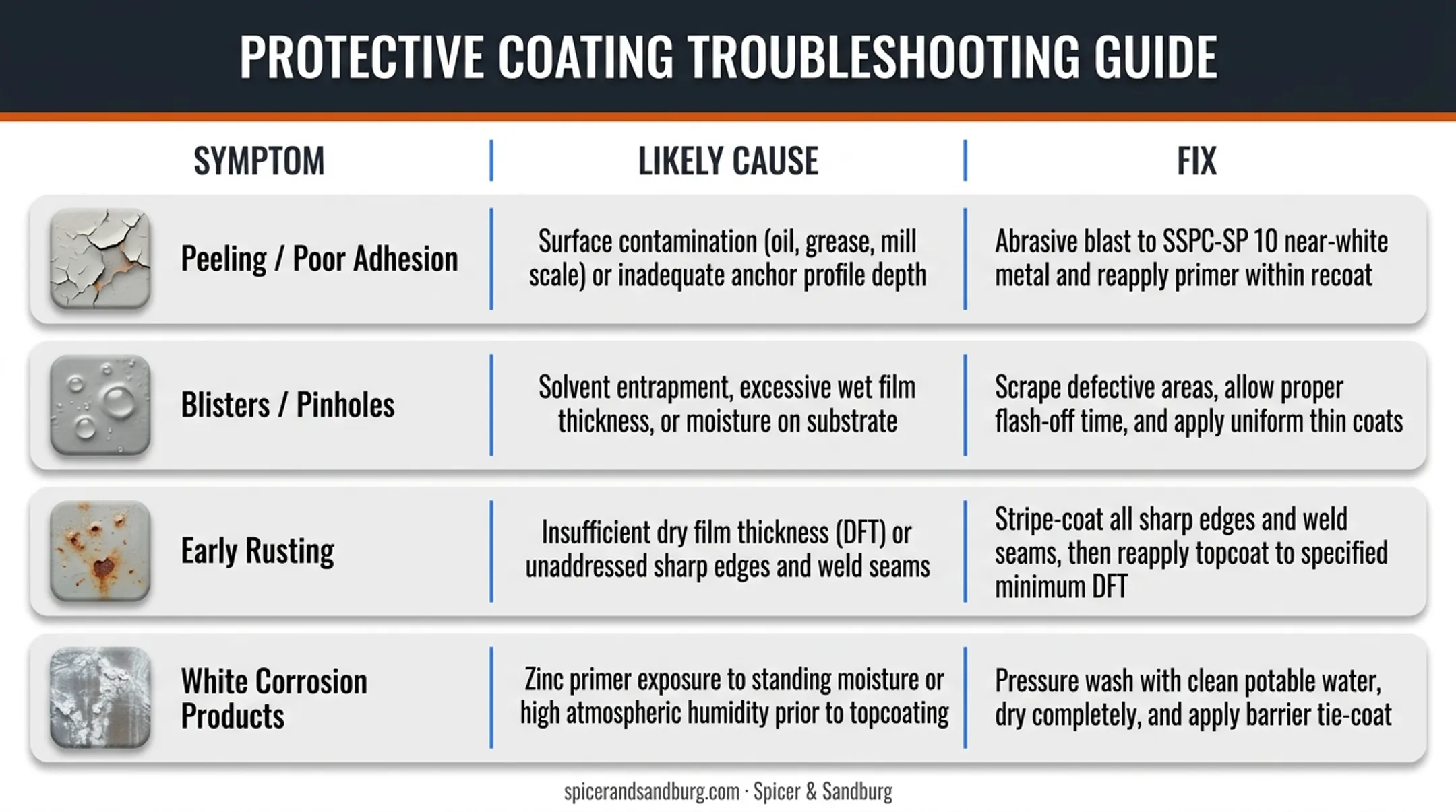 Galvanized steel coating troubleshooting guide showing symptoms causes and fixes