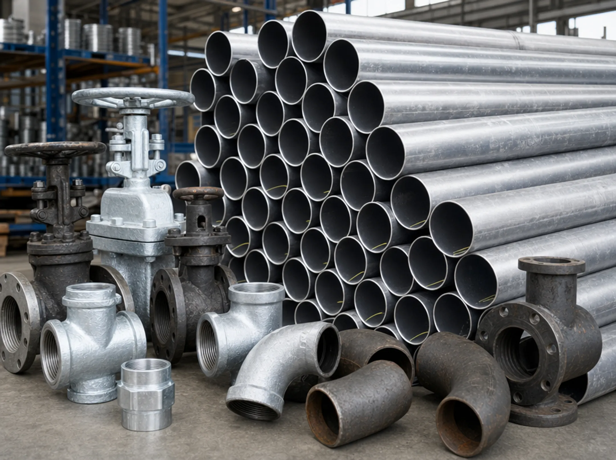 Industrial galvanized steel pipes valves and fittings in coating facility