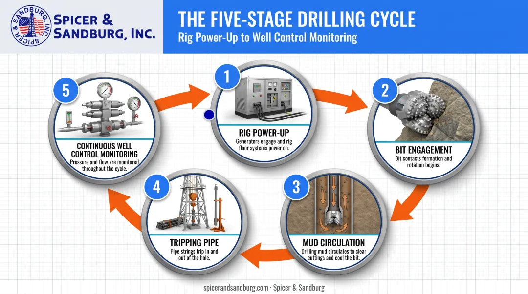 Five-step drilling sequence process flow from power-up to monitoring