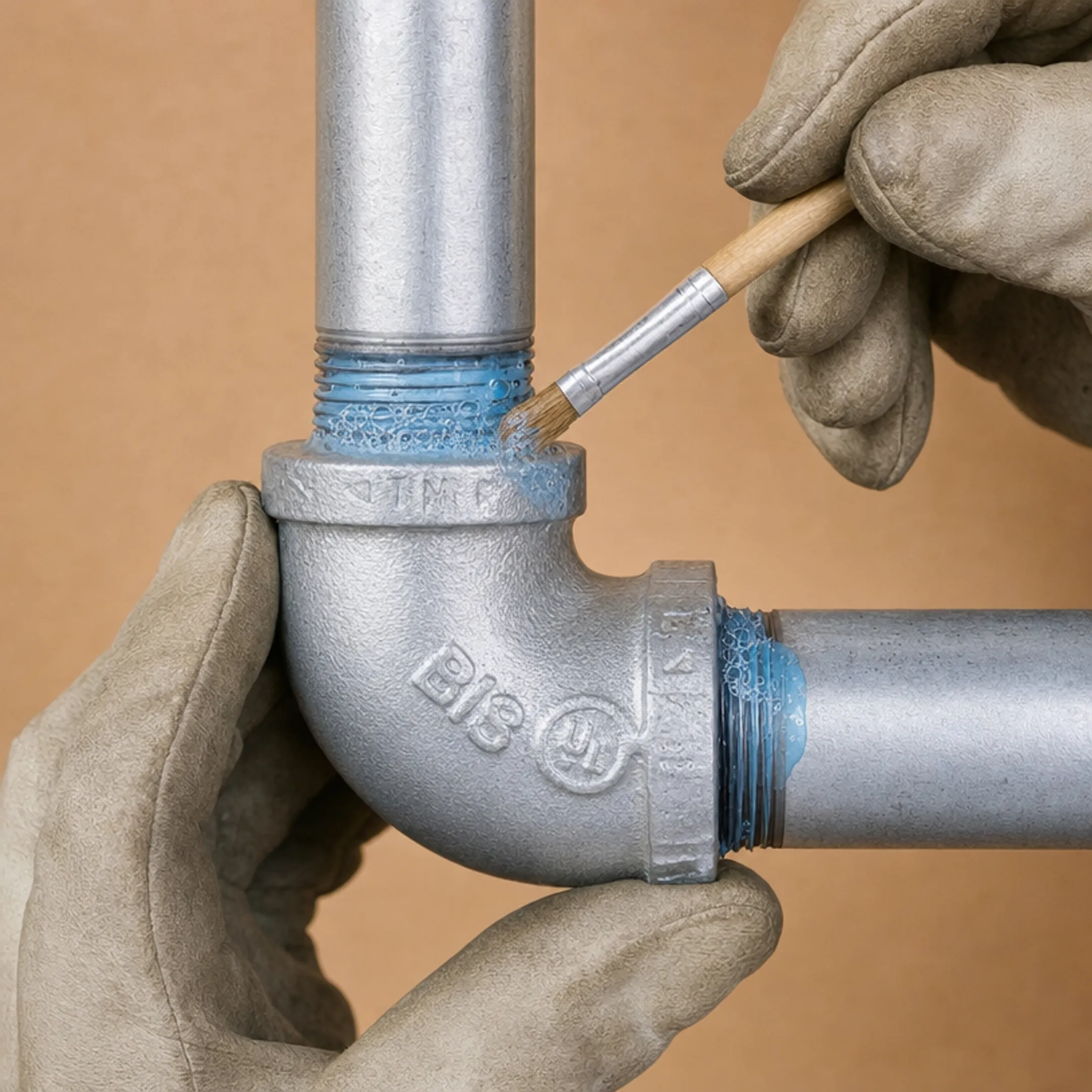 Technician performing gas leak test using detection fluid on pipe joint