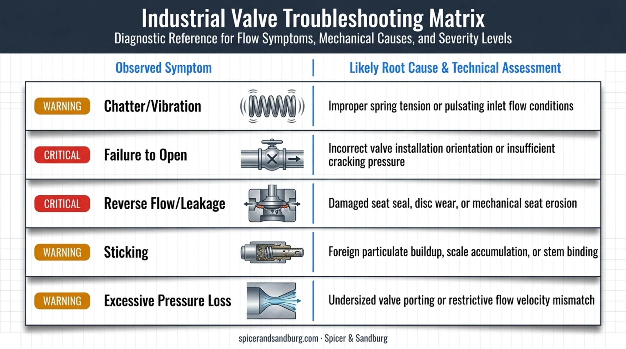 Check valve troubleshooting chart linking symptoms to likely causes