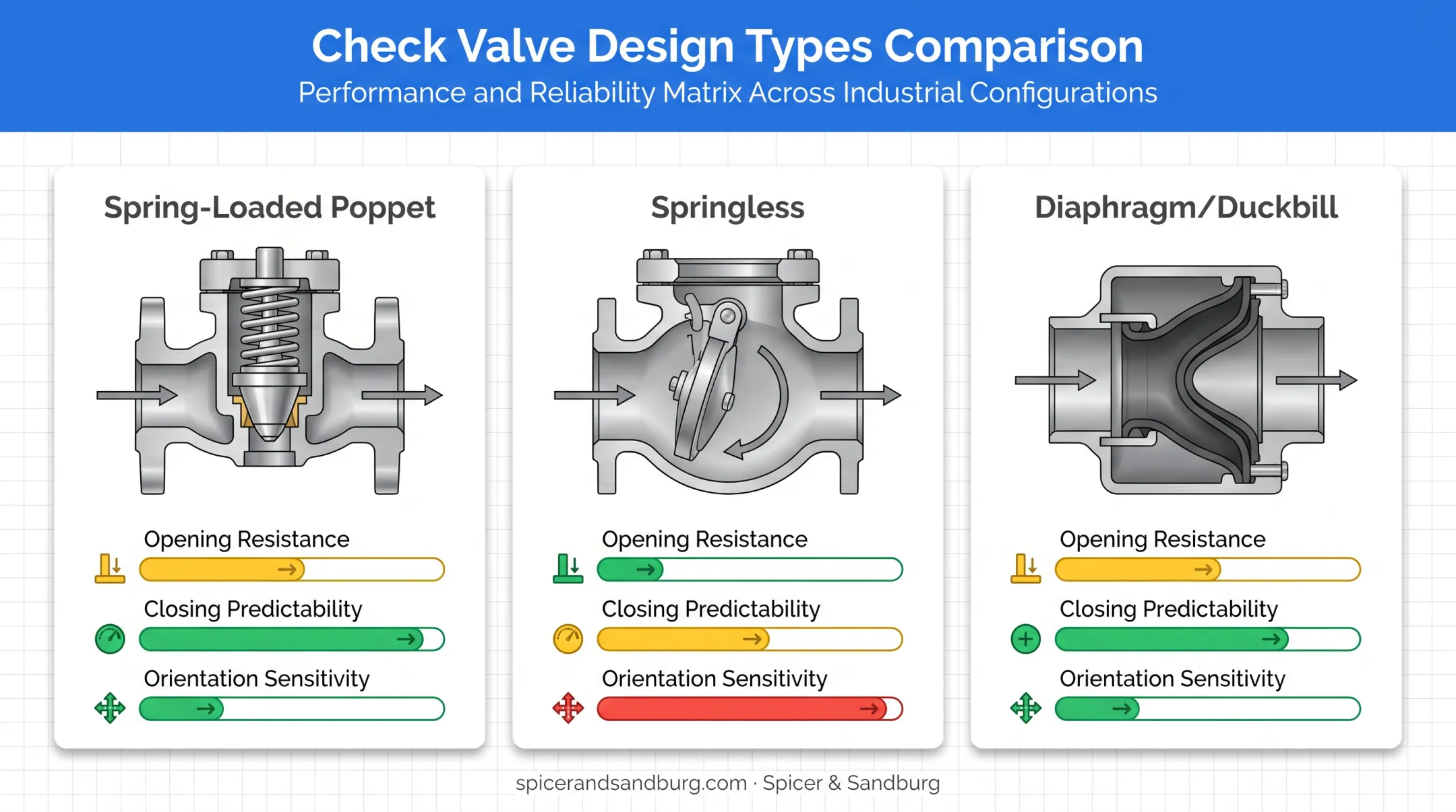 Comparison table of spring-loaded poppet springless and diaphragm check valve designs