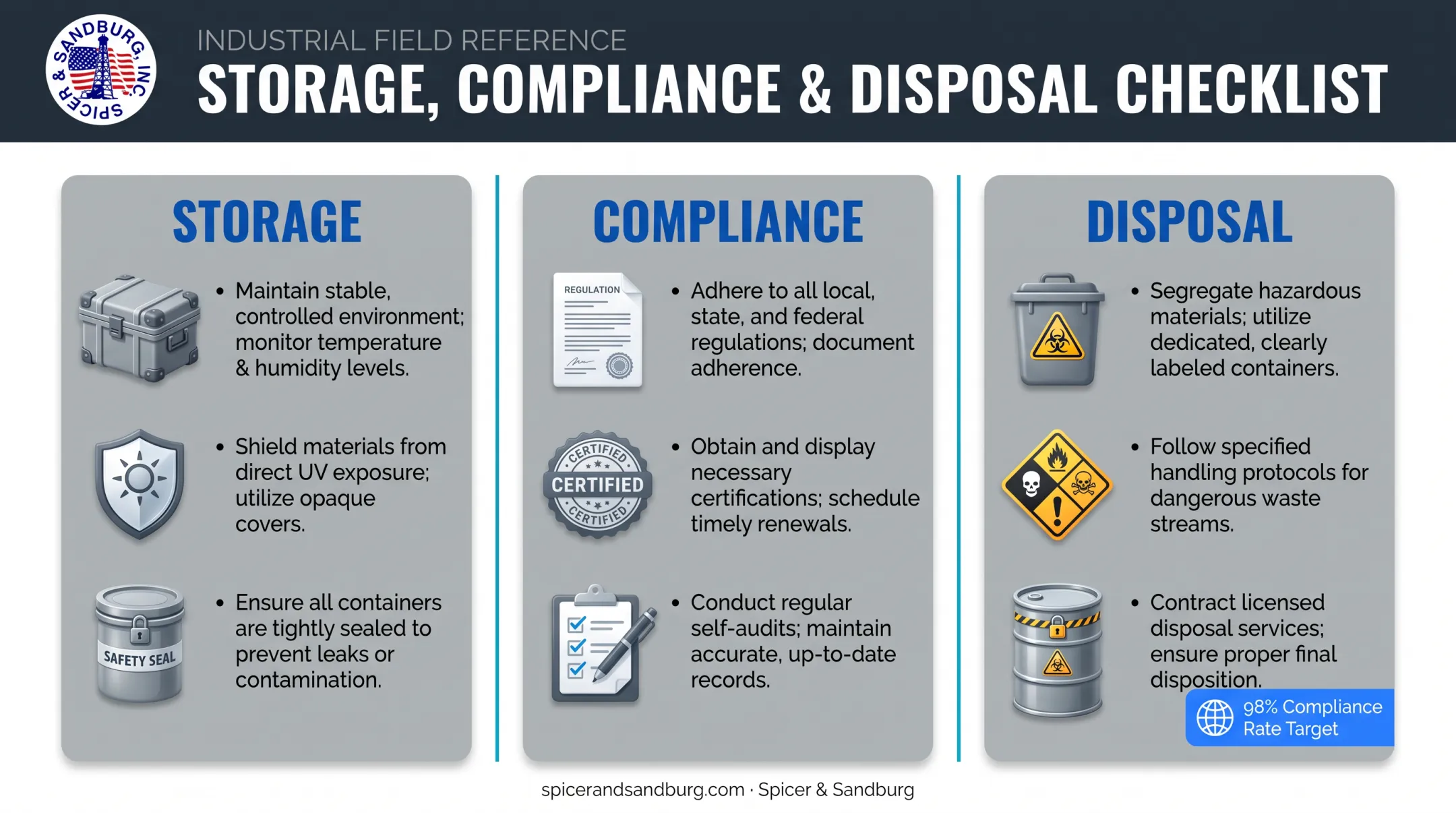 Oil sorbent storage compliance and disposal checklist infographic