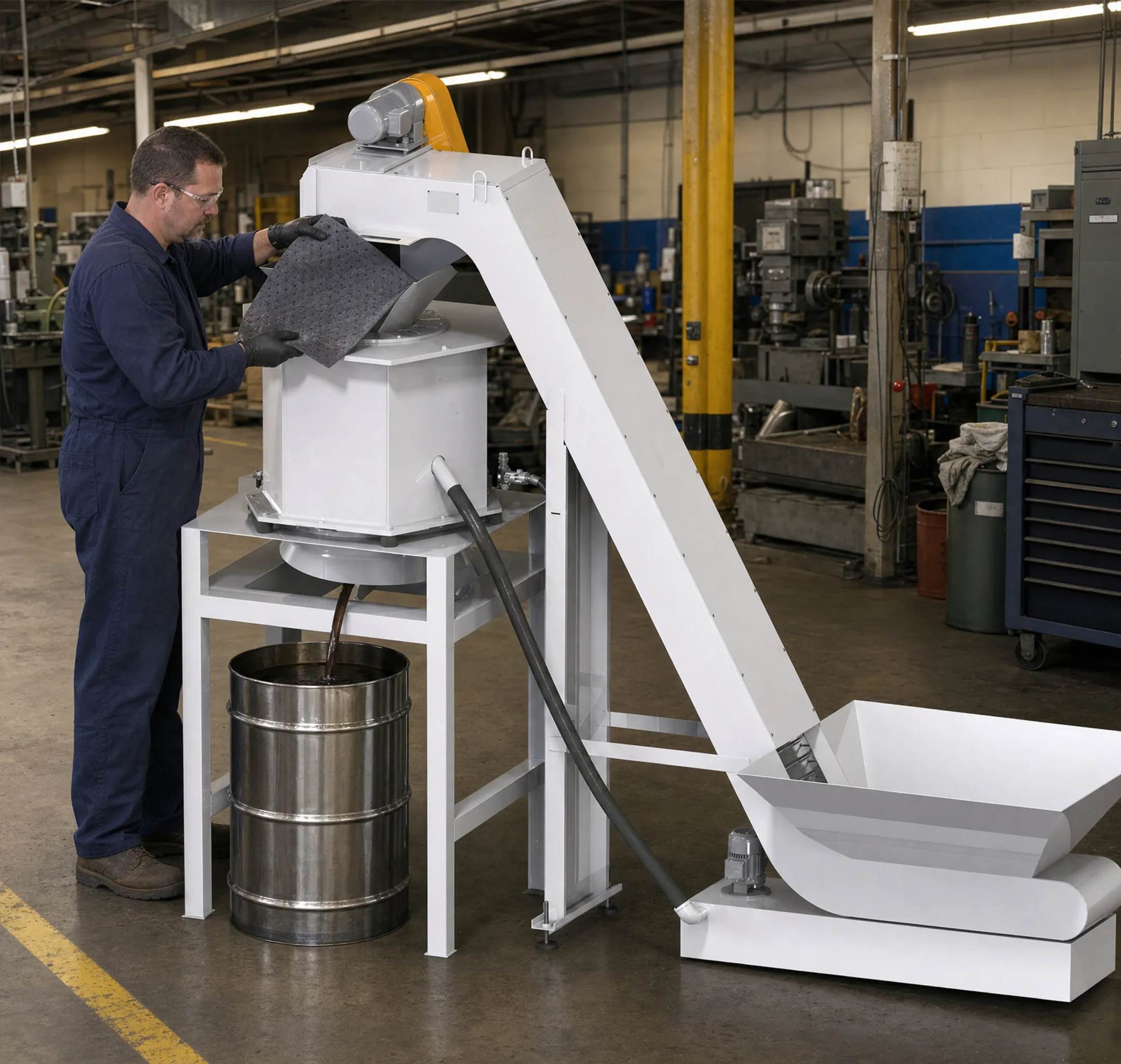 Industrial worker wringing out reusable oil absorbent pad using extraction equipment
