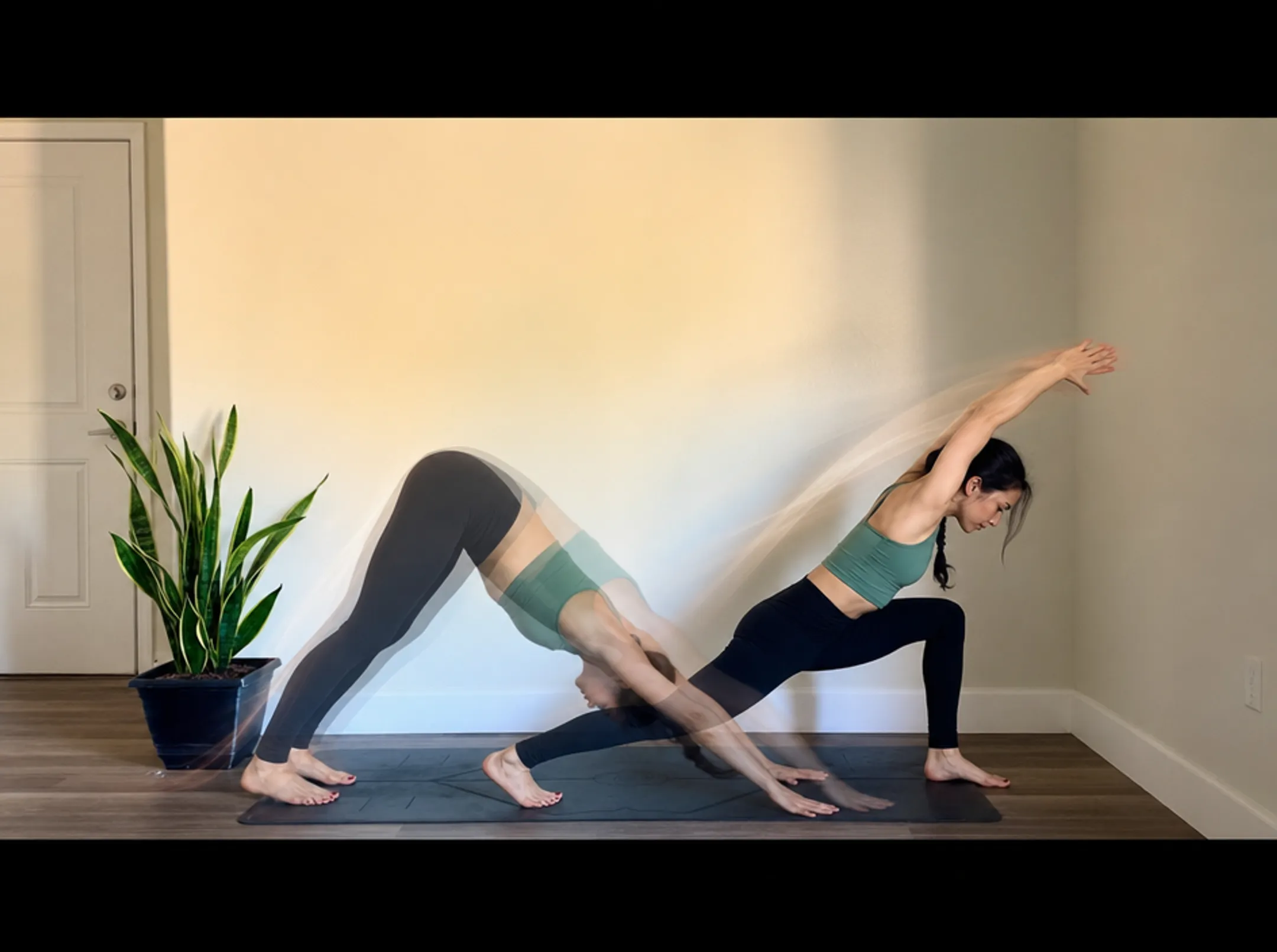 Person practicing dynamic Vinyasa flow sequence for cardiovascular fitness