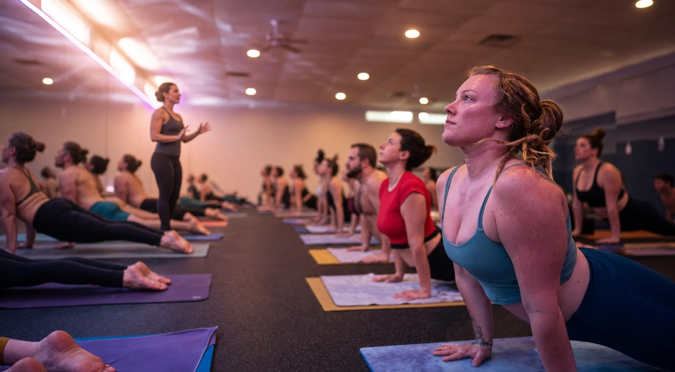 Yoga instructor leading dynamic flow class in warm studio