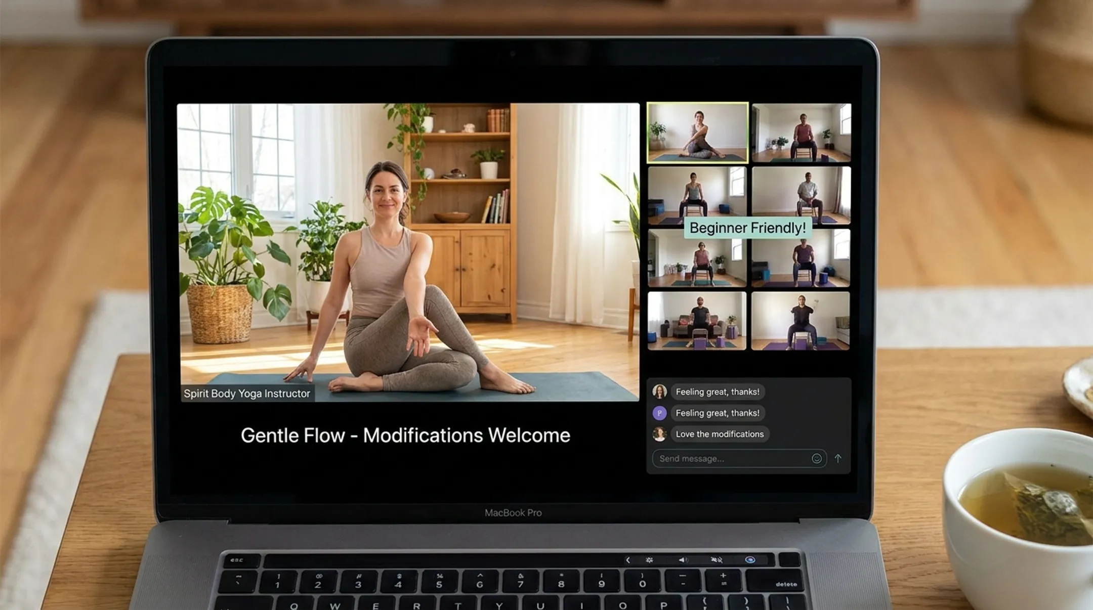 Spirit Body Yoga online livestream class interface showing gentle flow instruction