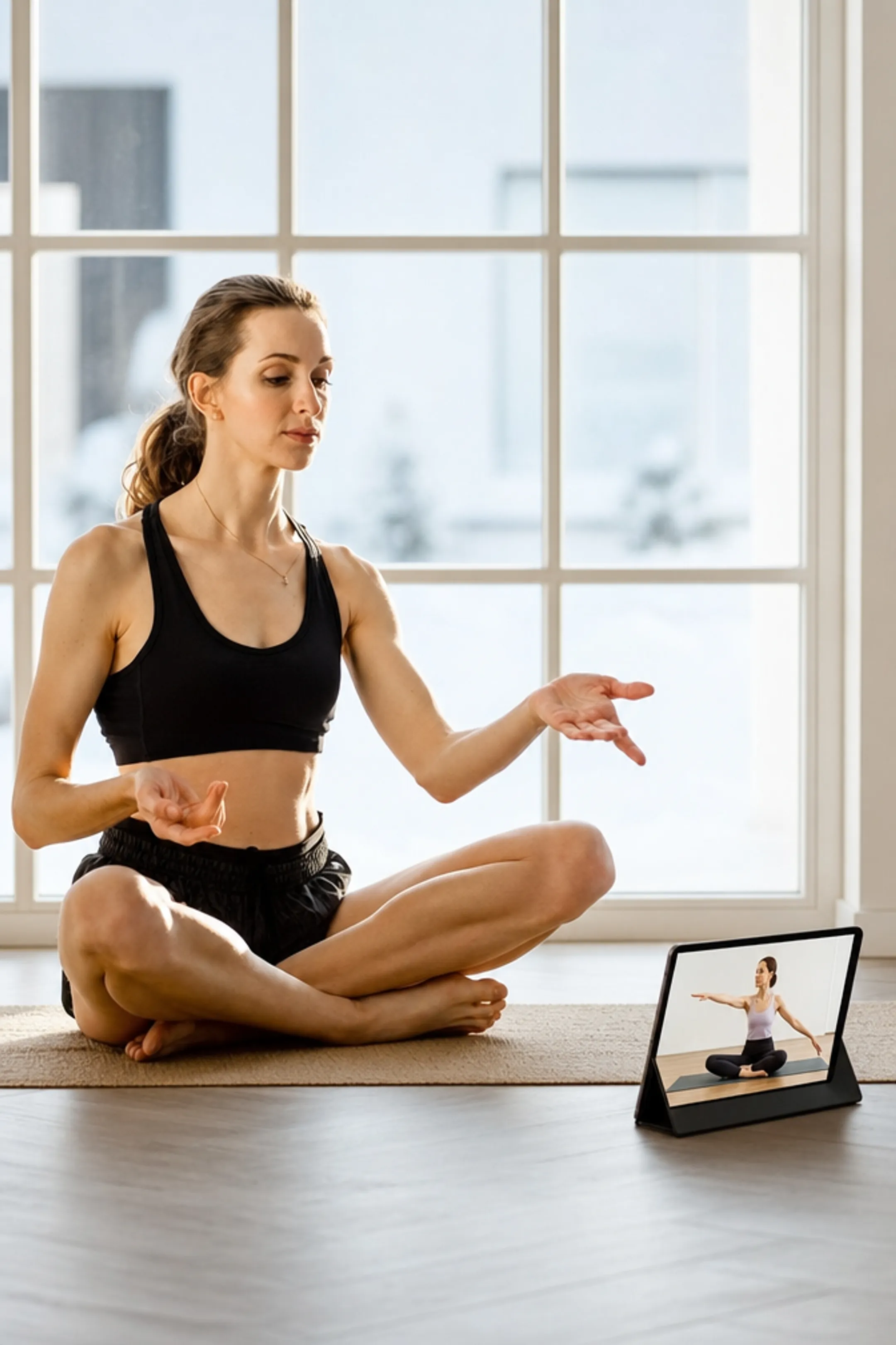 Person practicing private online yoga session with instructor via video call