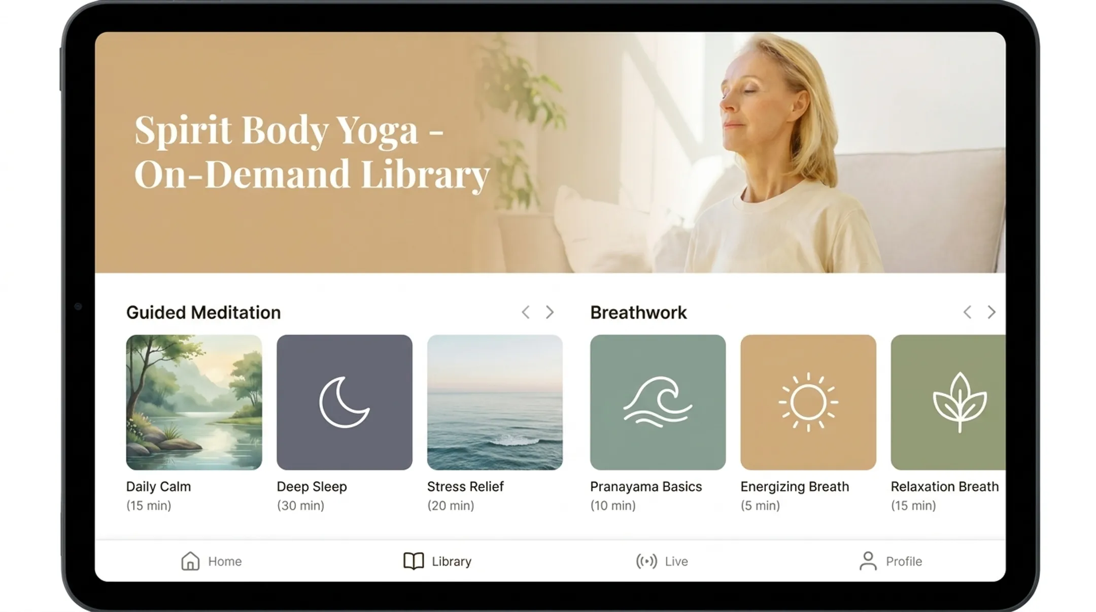Spirit Body Yoga on-demand meditation and breathwork library interface