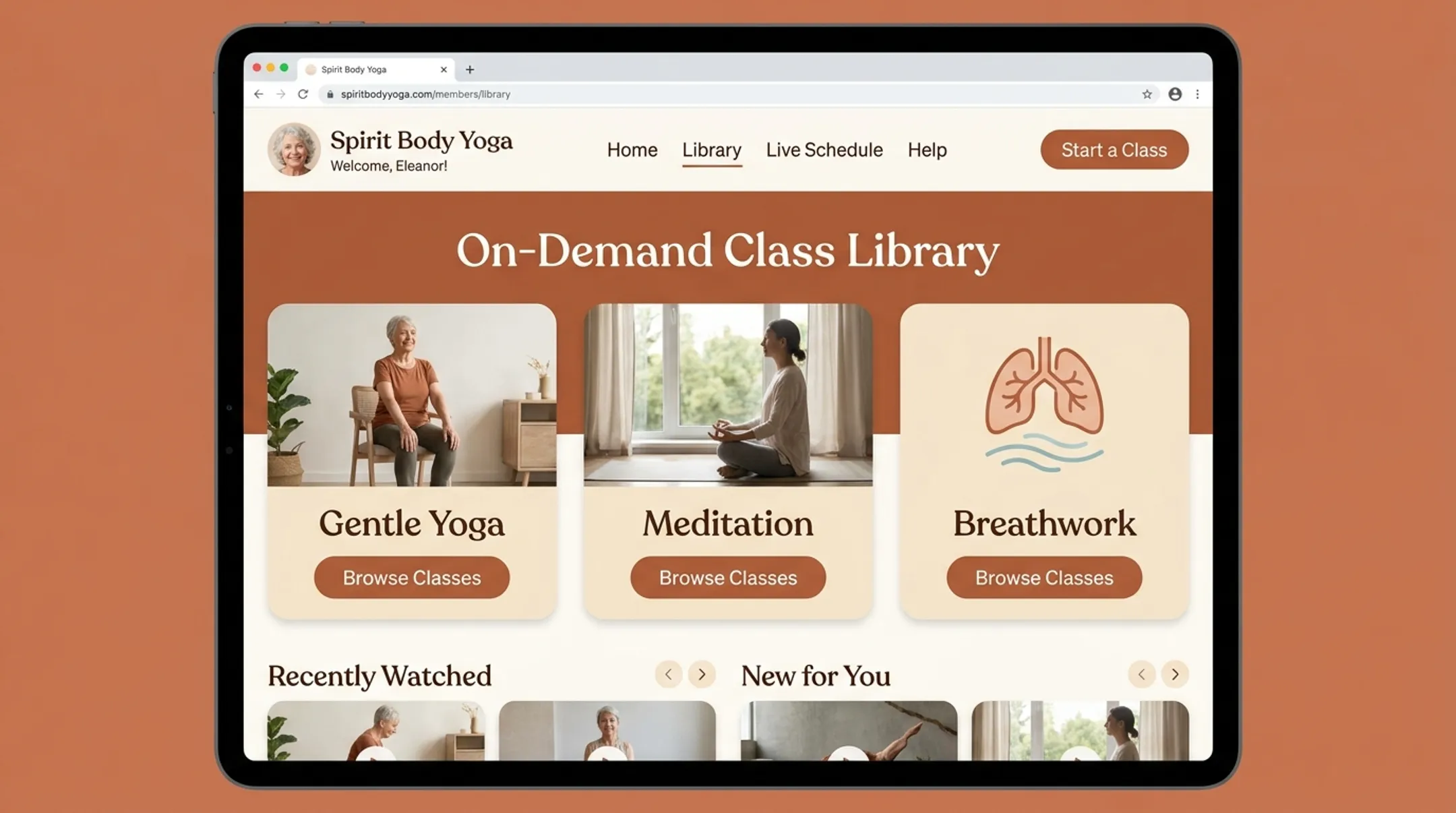 Spirit Body Yoga online membership dashboard showing on-demand class library