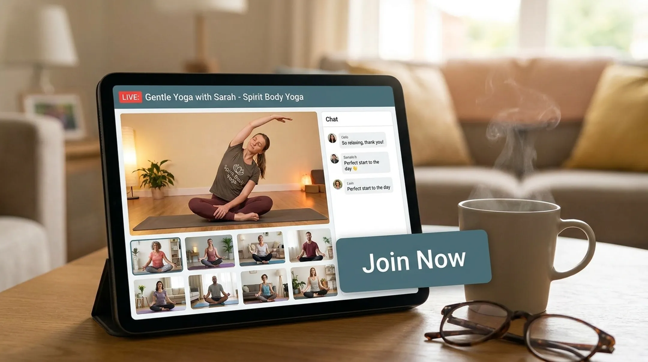 Spirit Body Yoga online gentle yoga livestream class interface