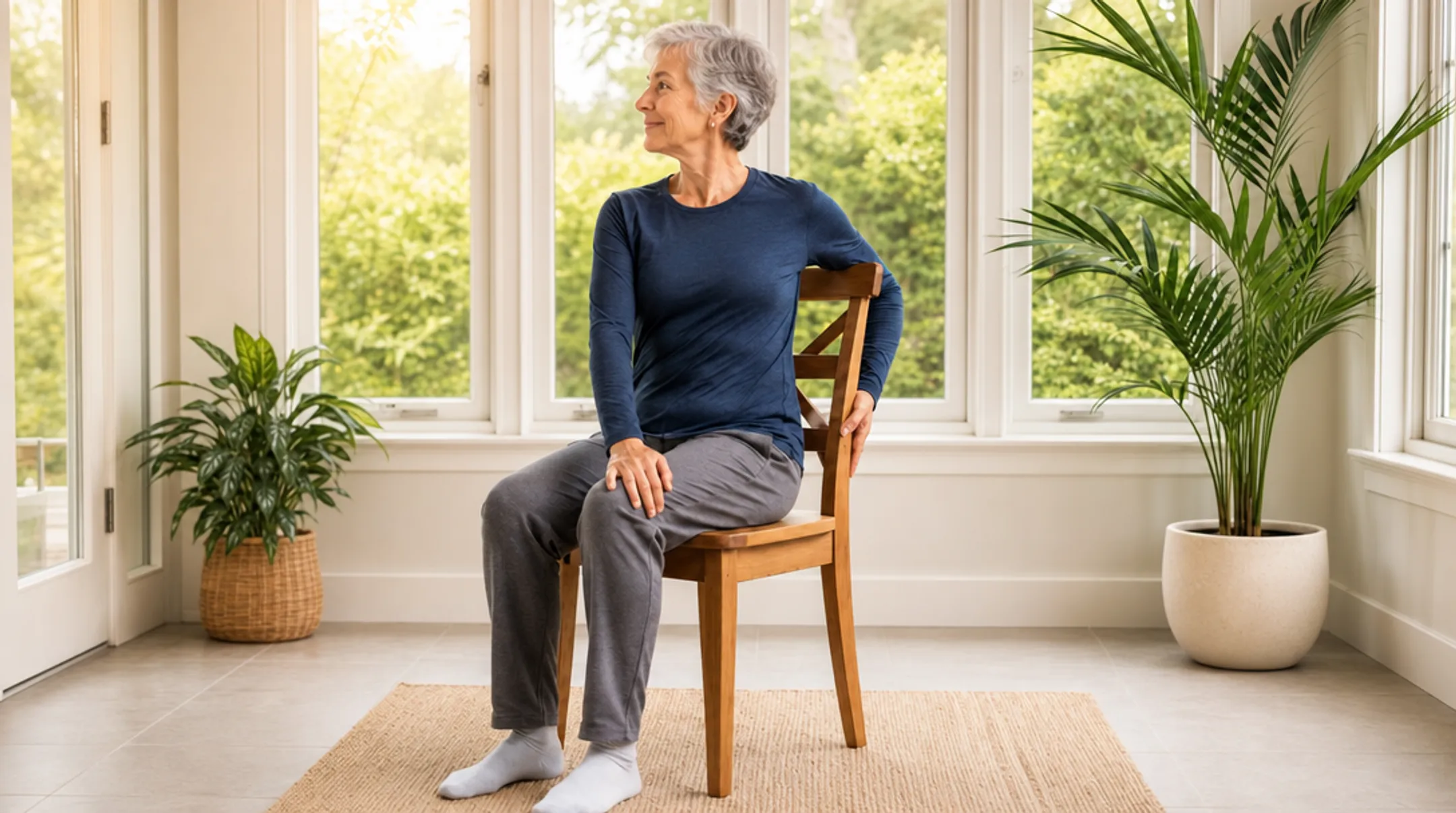 Senior adult practicing seated chair yoga stretch in living room