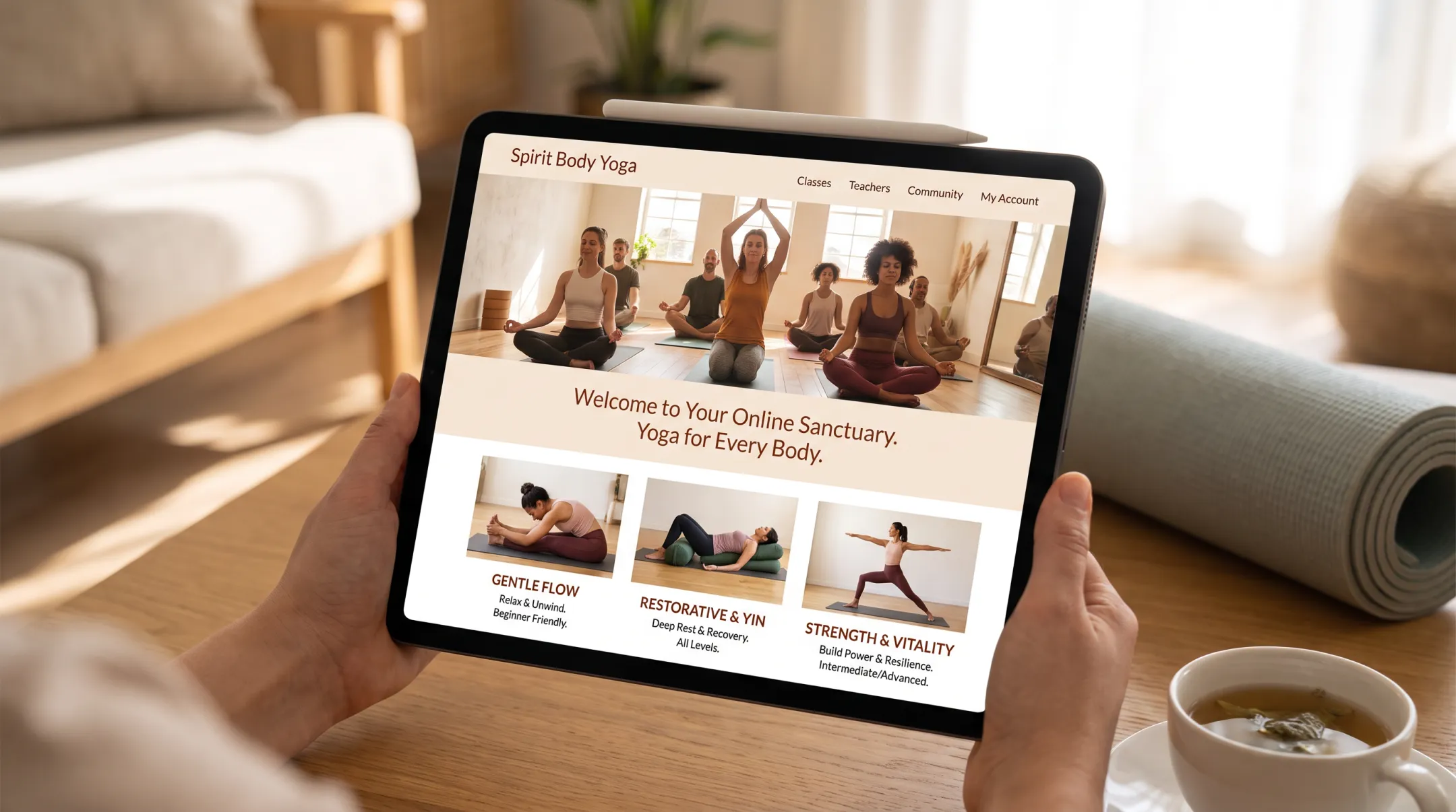 Spirit Body Yoga online class interface showing available class formats