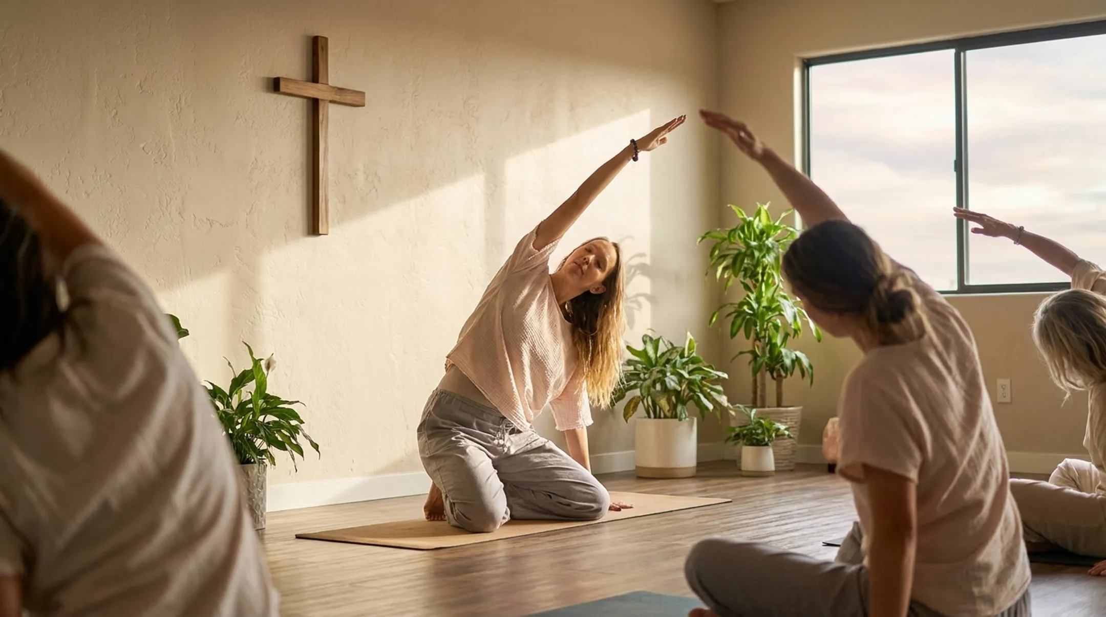 Faith Filled Yoga instructor leading gentle movement and breathwork class