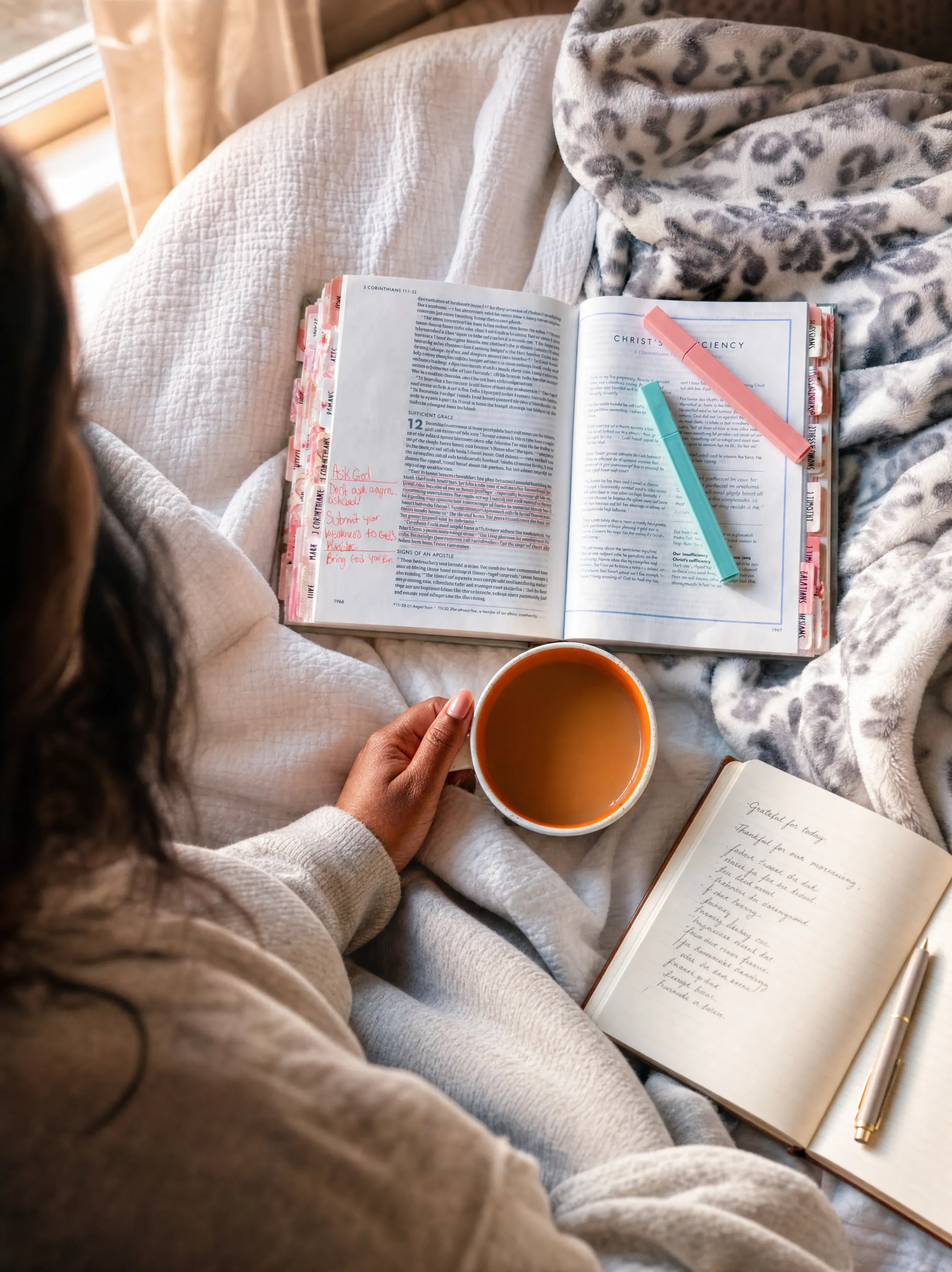 Person journaling and praying during quiet morning meditation routine