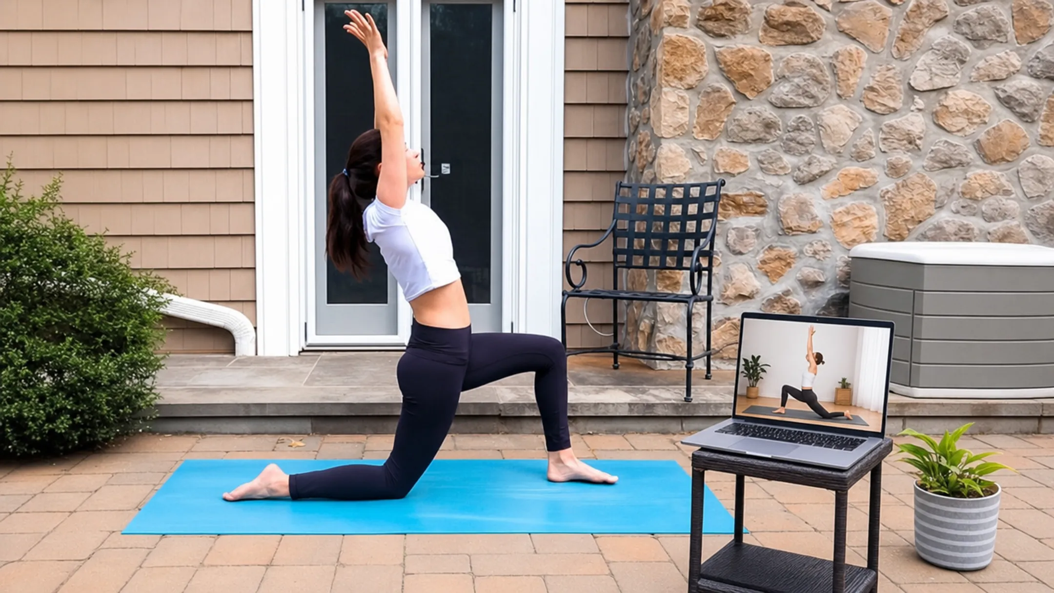 Person practicing free online yoga class at home via laptop