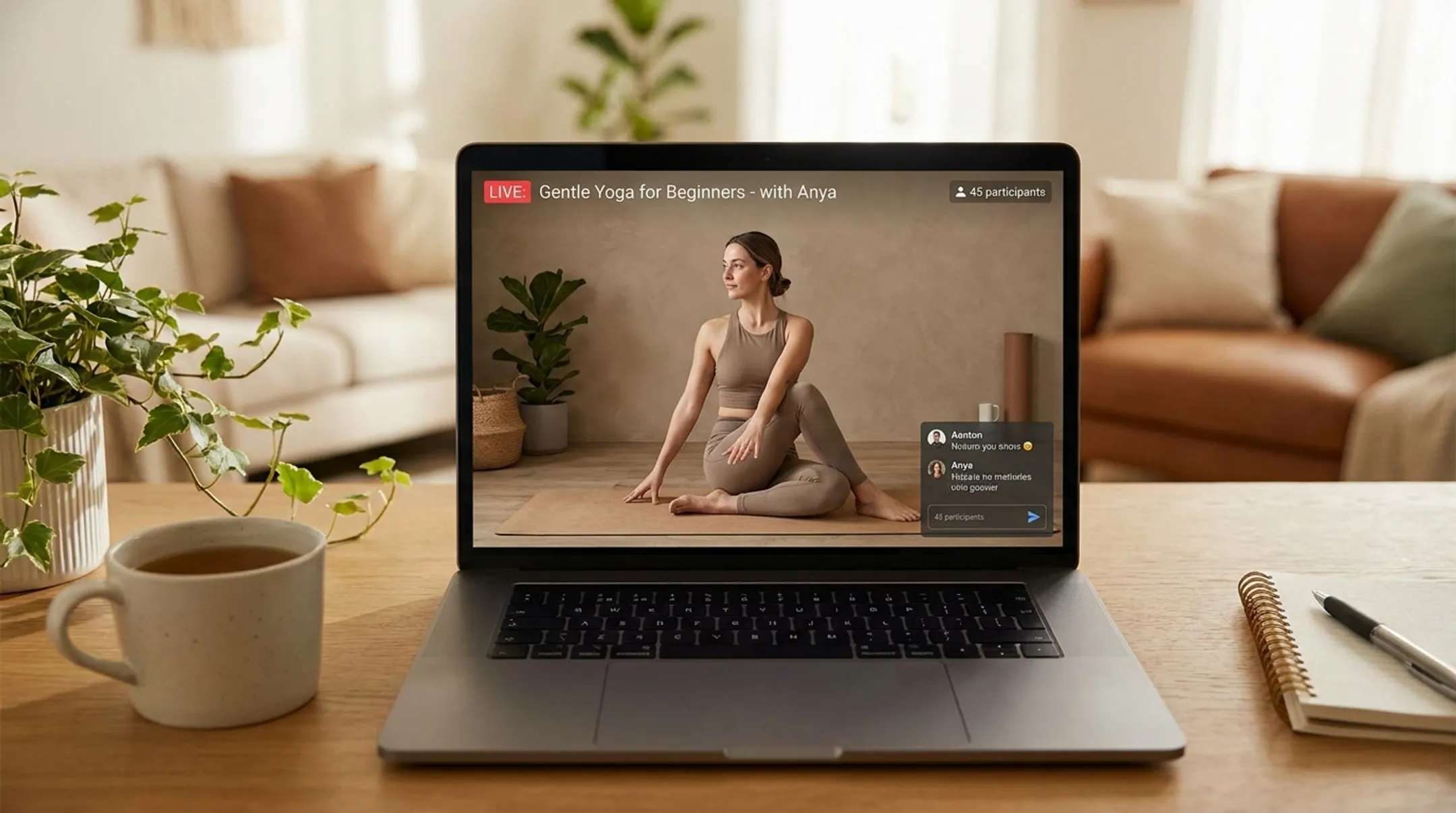 Online instructor leading gentle Hatha yoga livestream class for beginners