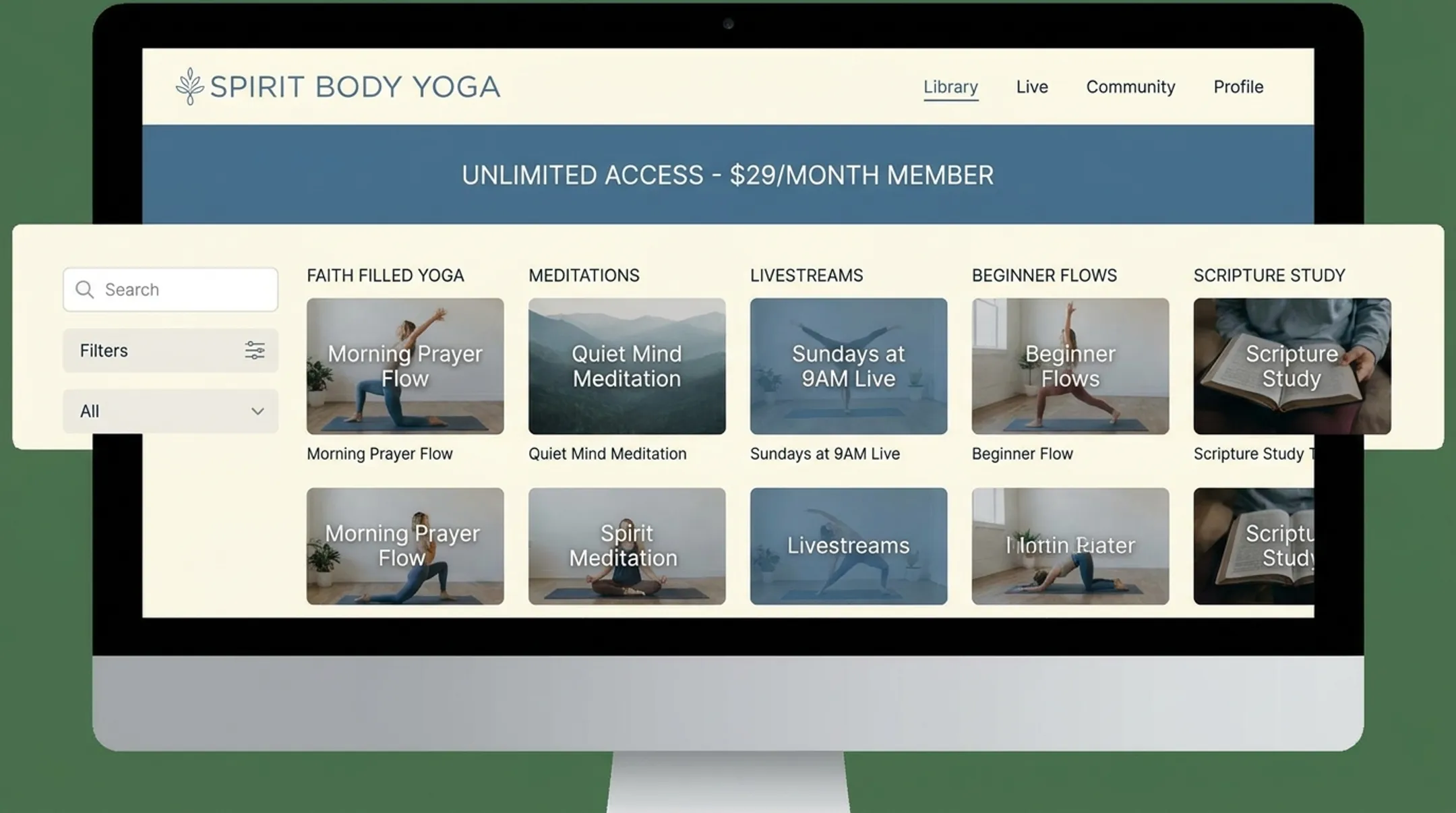 Spirit Body Yoga membership platform interface showing on-demand class library