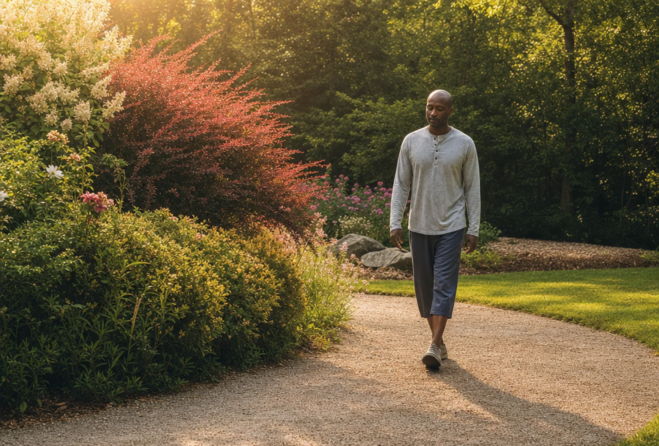 Person practicing walking meditation slowly outdoors in nature setting