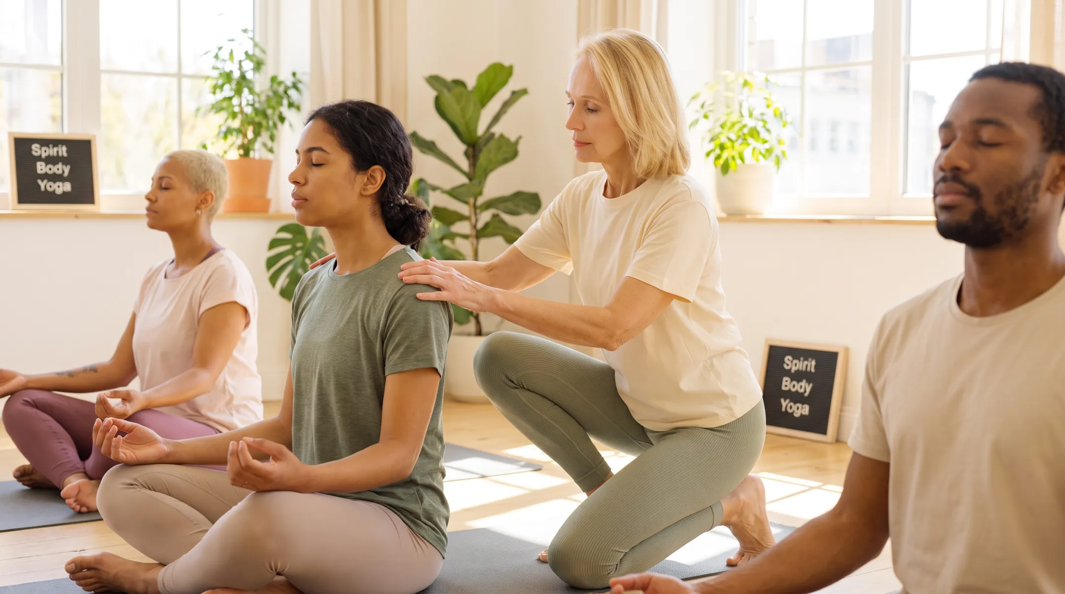 Instructor guiding calming breathwork session in mindful yoga class