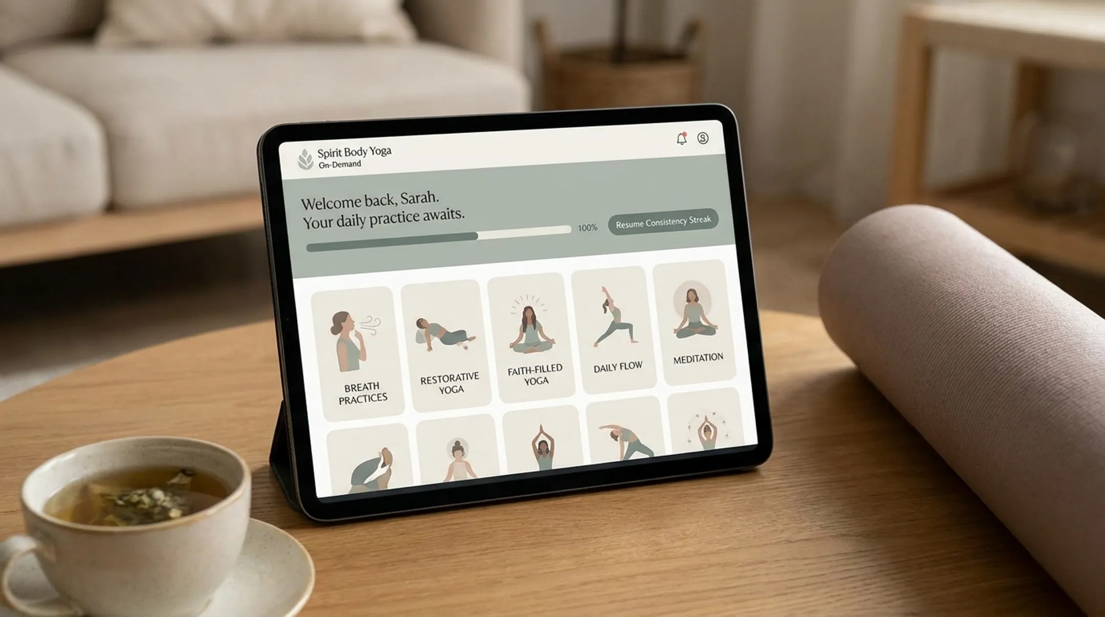 Spirit Body Yoga online studio class interface with faith-filled sessions