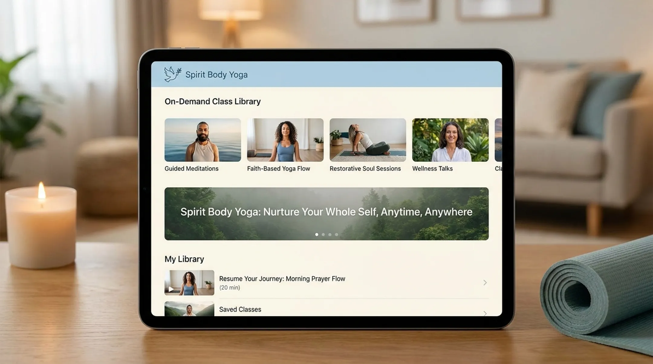 Spirit Body Yoga on-demand class interface showing guided meditation library