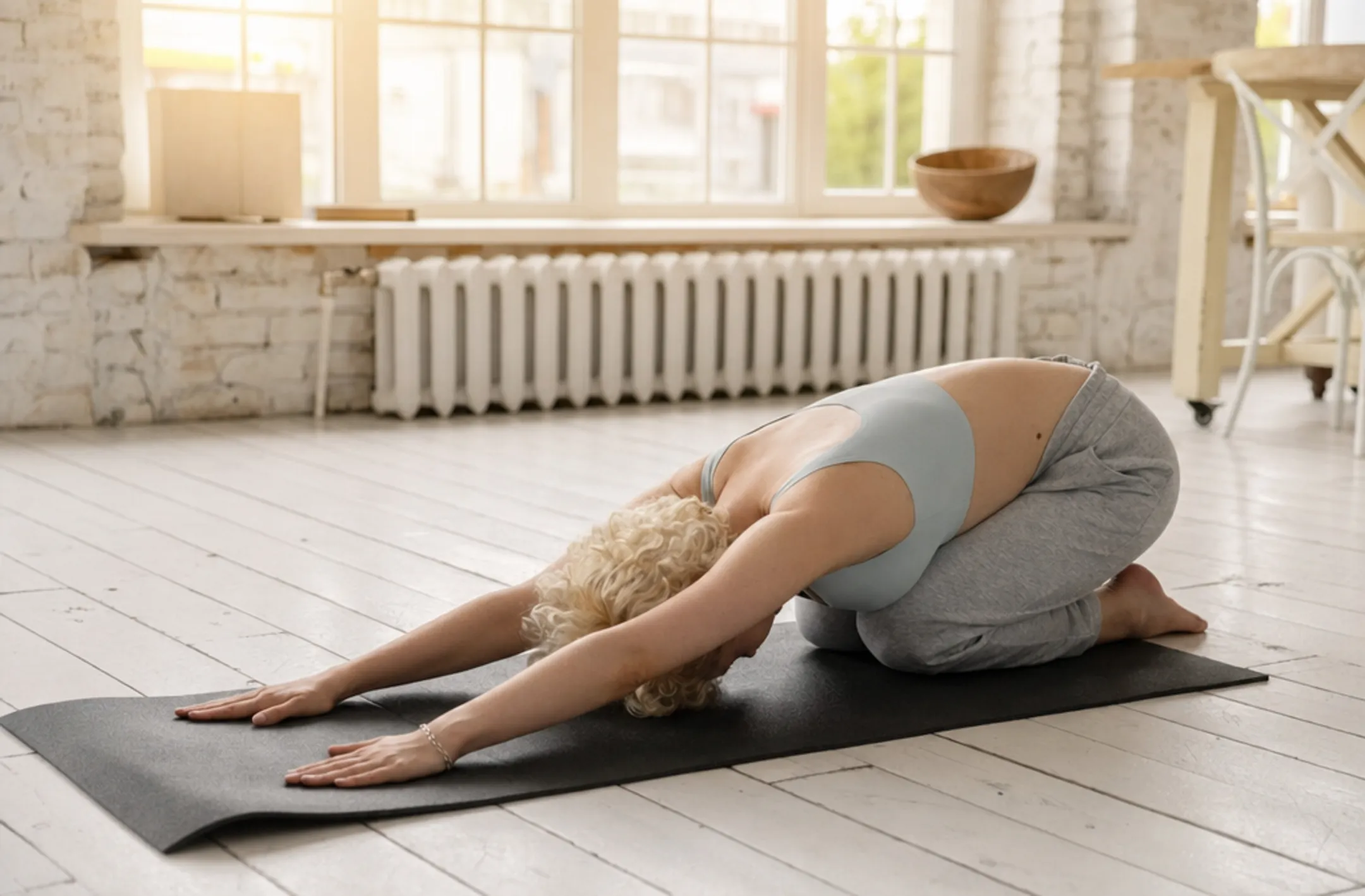 Woman practicing child's pose during peaceful home yoga session