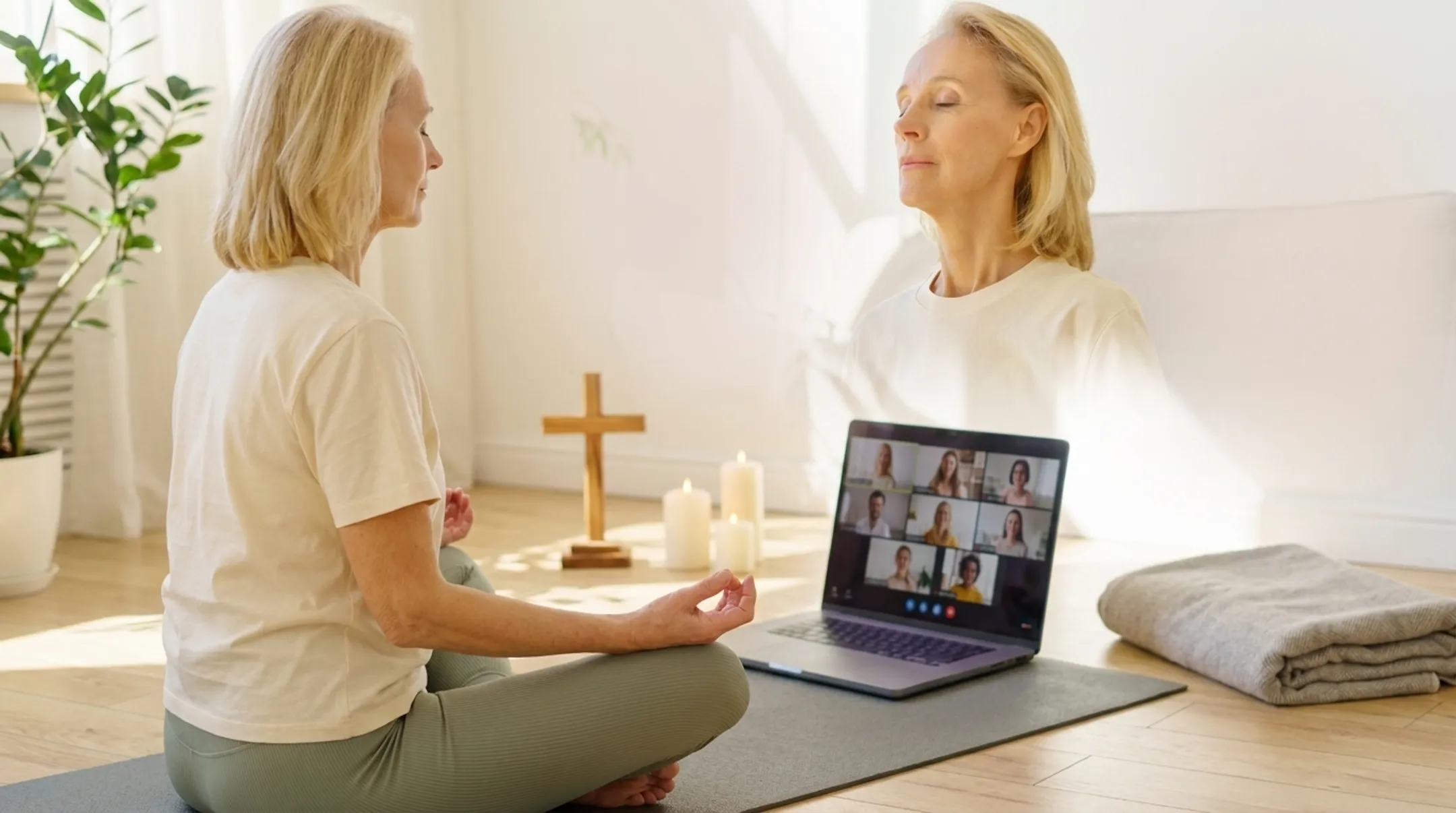 Instructor leading faith-based yoga and meditation class online