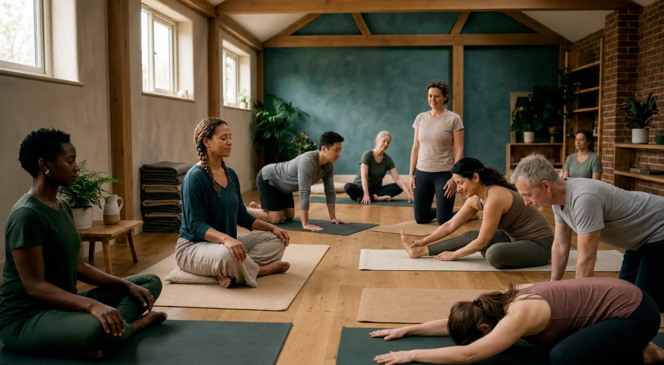 Beginner practicing gentle Hatha yoga pose on mat indoors