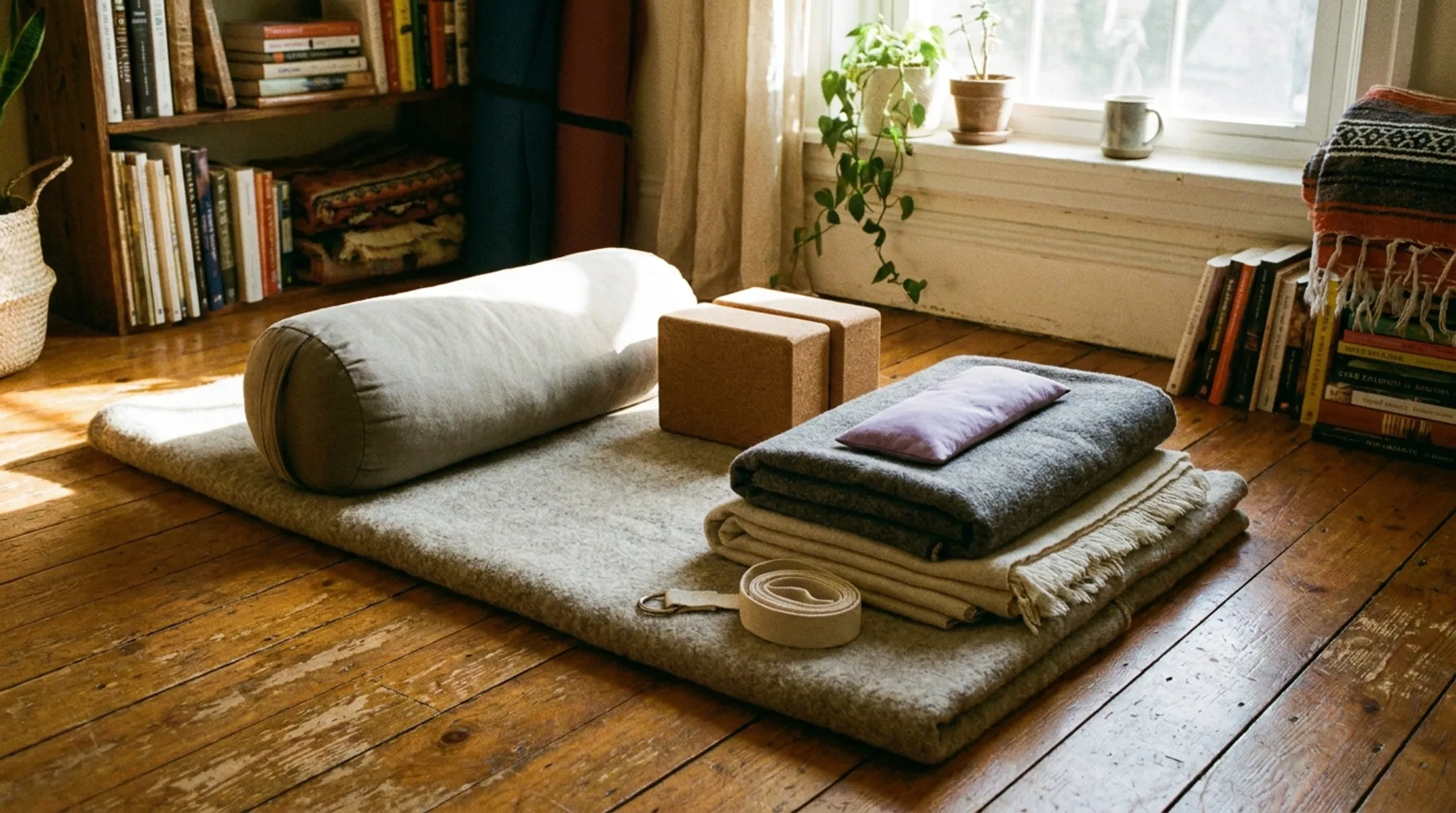 Restorative yoga props including bolster blocks straps and blankets arranged