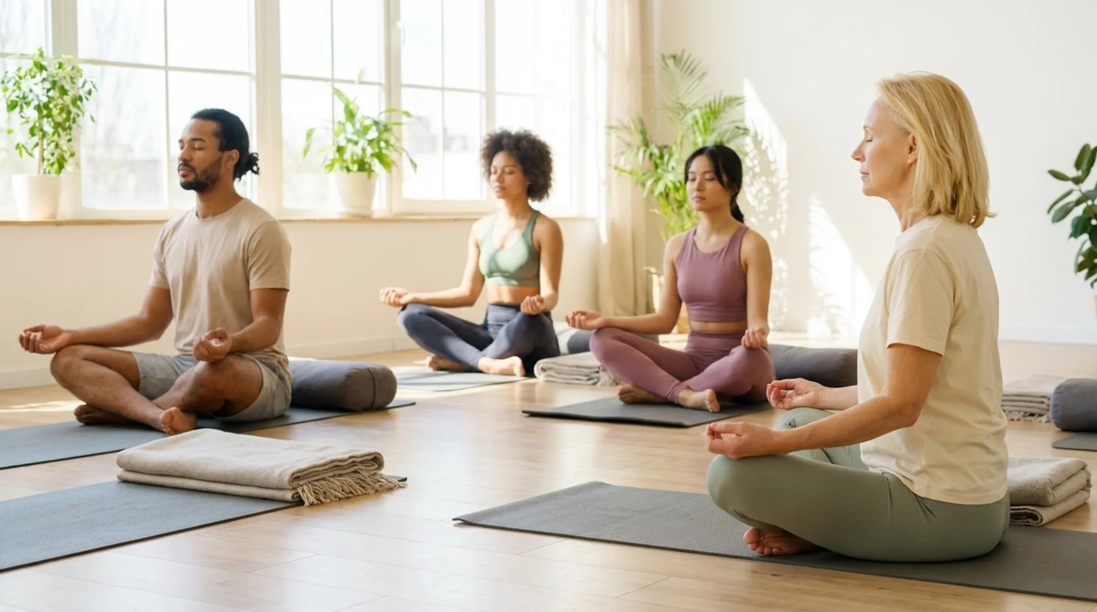 Yoga instructor guiding breathwork during gentle yoga class session