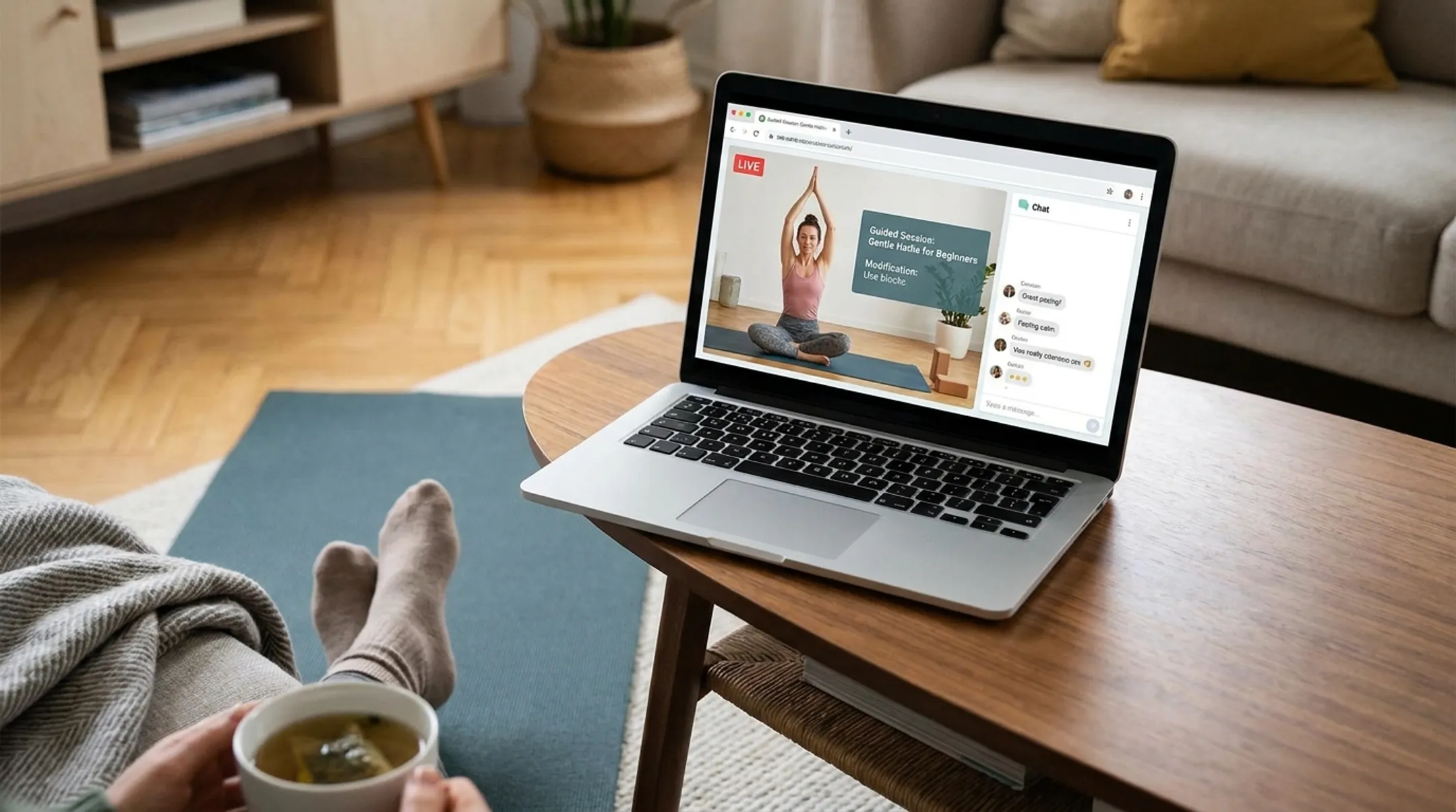 Online guided yoga class interface showing beginner-friendly flow session