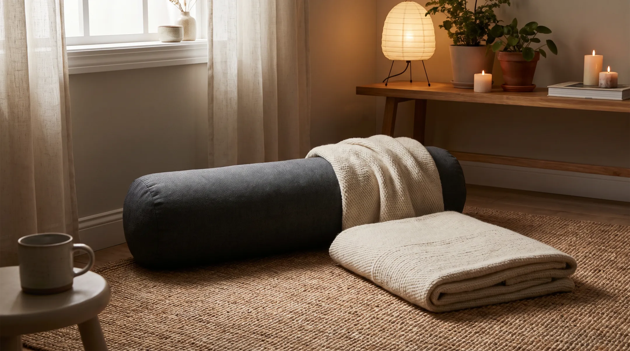 Bolster blanket and quiet corner setup for home restorative yoga
