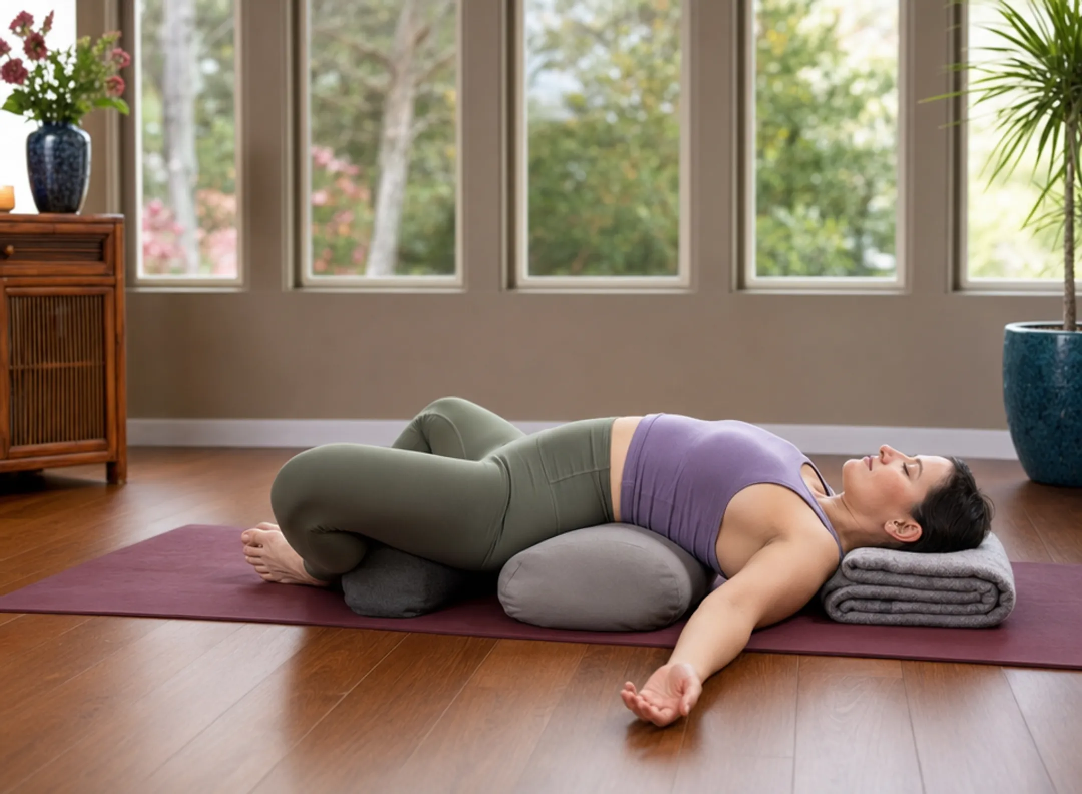 Person practicing legs-up-the-wall restorative yoga pose on mat