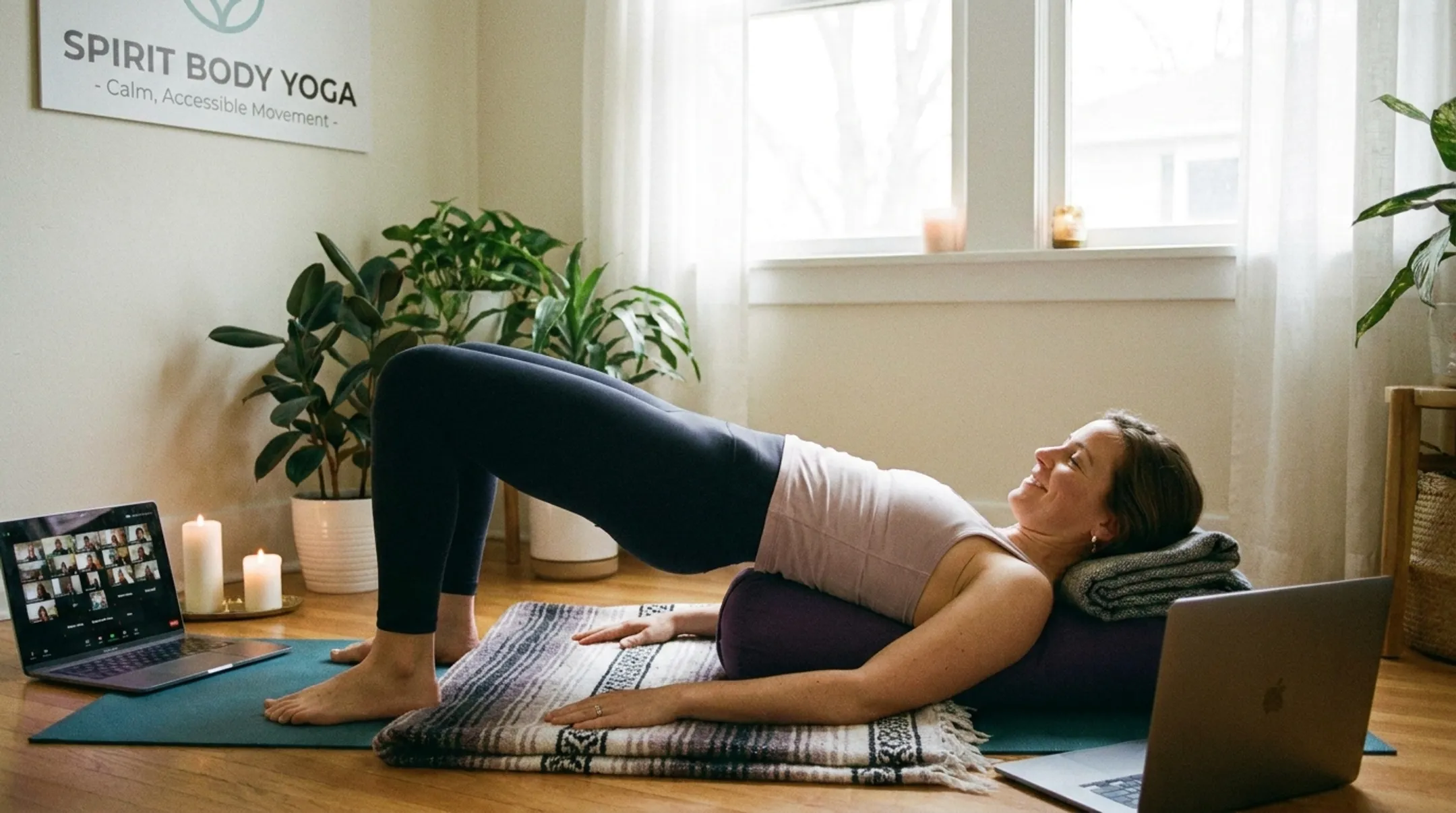 Spirit Body Yoga instructor leading gentle restorative yoga class online